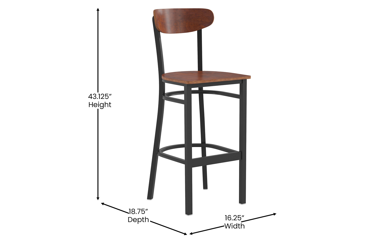 BLNK Wright Commercial Bar Stool Black Steel Frame with Wooden Boomerang Back and Solid Wood Seat - Walnut