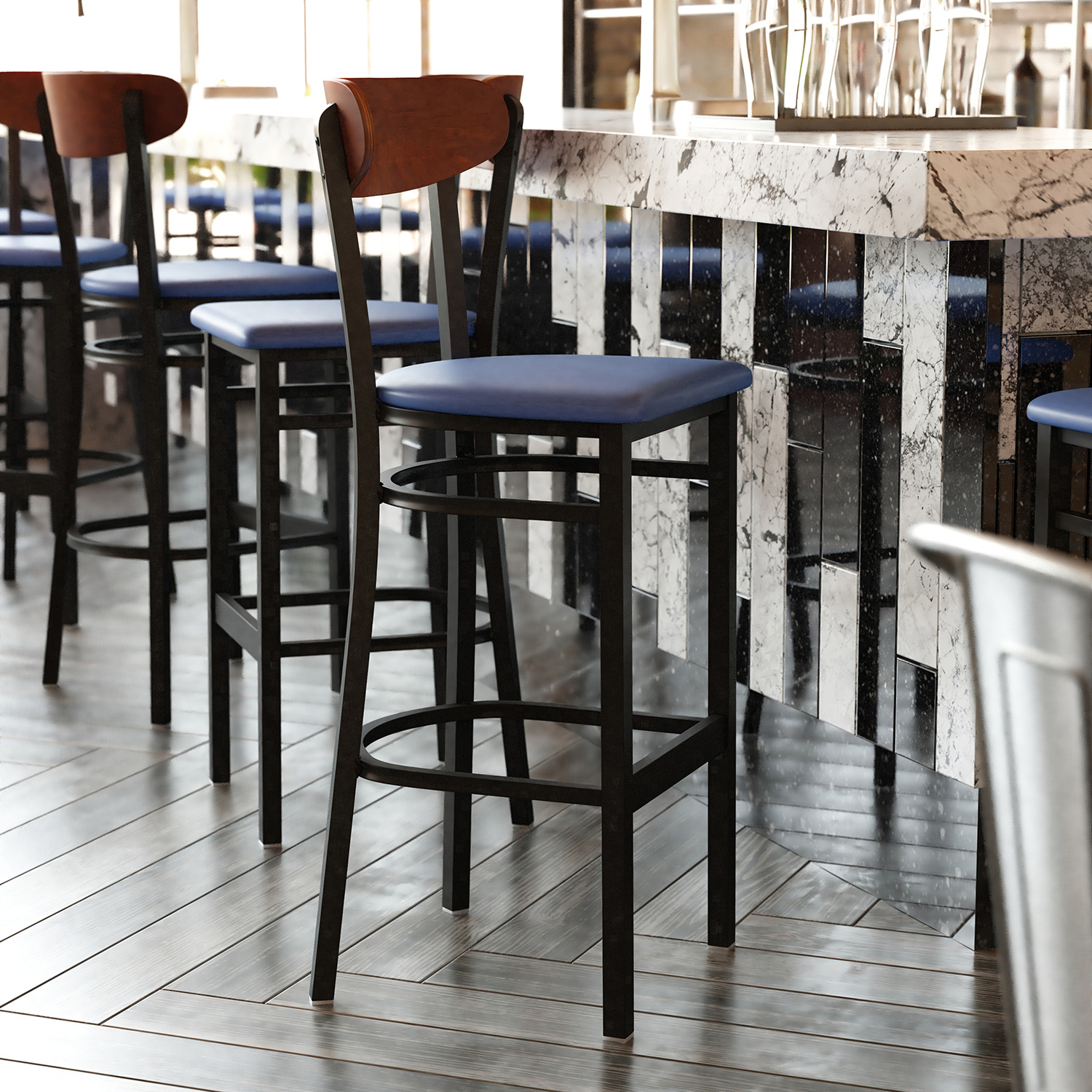 BLNK Wright Commercial Bar Stool Black Steel Frame with Walnut Finish Wooden Boomerang Back and Vinyl Seat