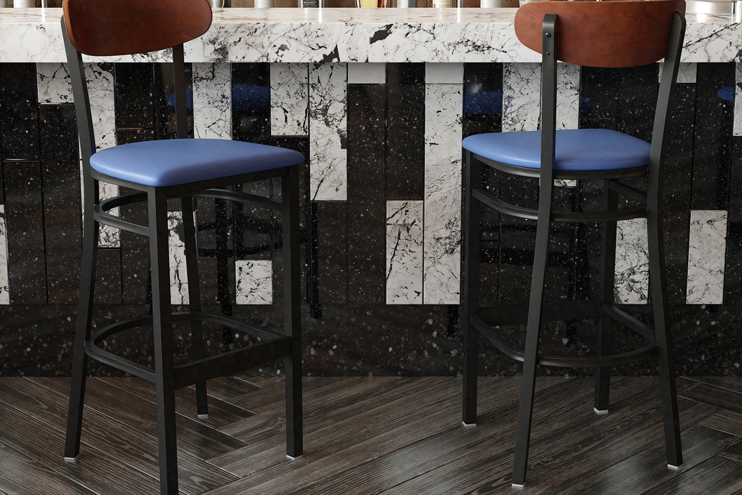 BLNK Wright Commercial Bar Stool Black Steel Frame with Walnut Finish Wooden Boomerang Back and Vinyl Seat - Blue