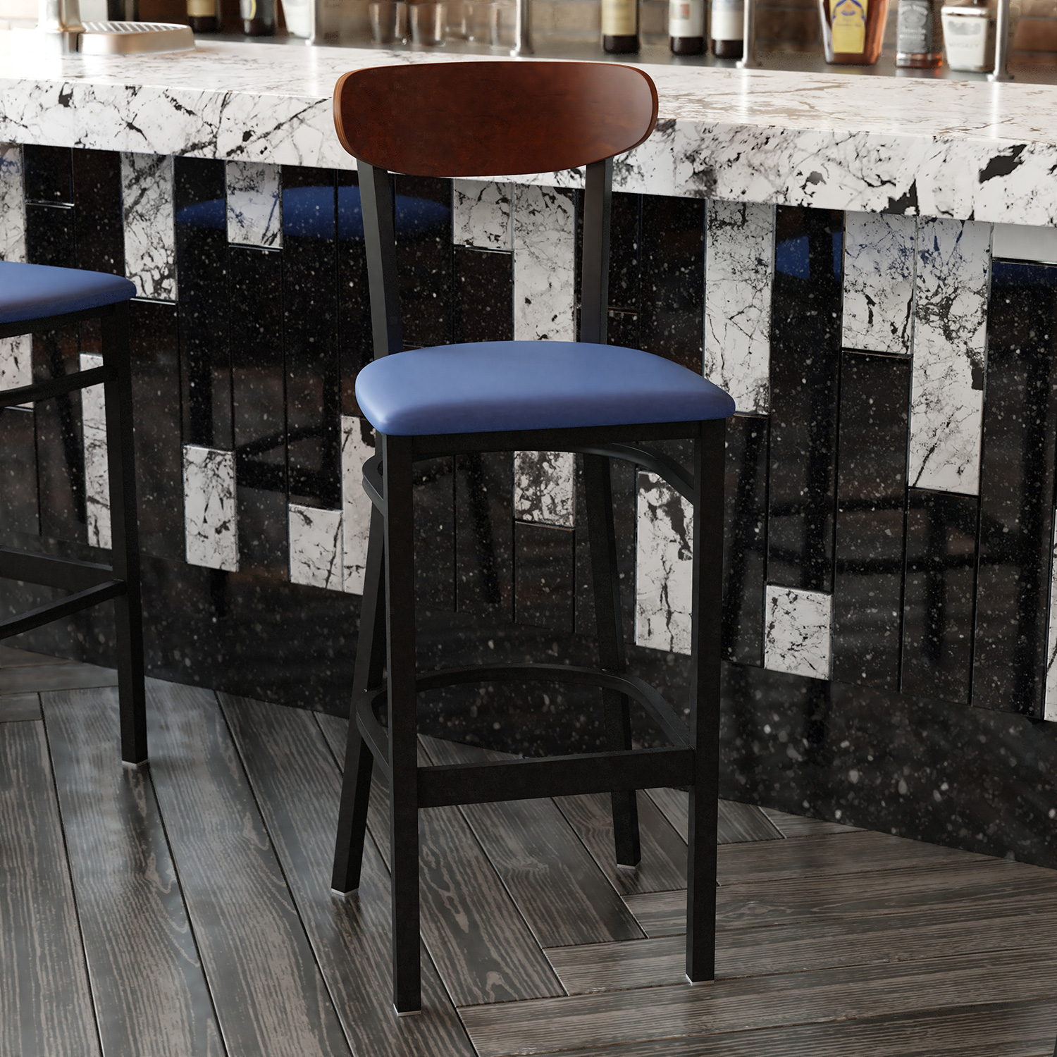 BLNK Wright Commercial Bar Stool Black Steel Frame with Walnut Finish Wooden Boomerang Back and Vinyl Seat - Blue