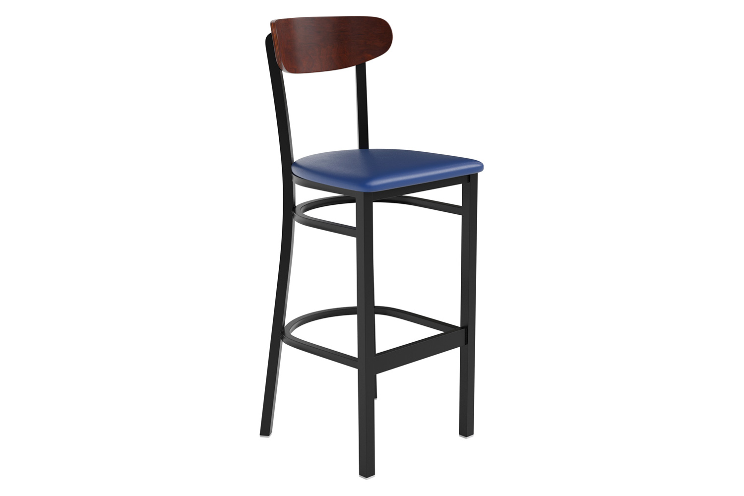 BLNK Wright Commercial Bar Stool Black Steel Frame with Walnut Finish Wooden Boomerang Back and Vinyl Seat - Blue