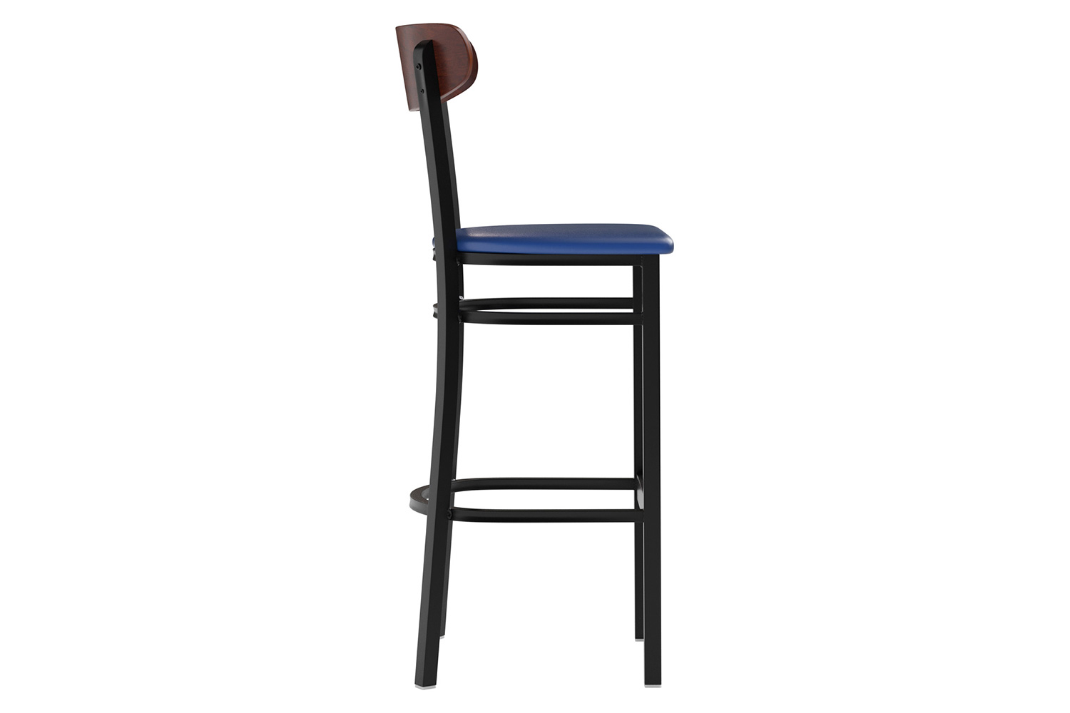 BLNK Wright Commercial Bar Stool Black Steel Frame with Walnut Finish Wooden Boomerang Back and Vinyl Seat - Blue