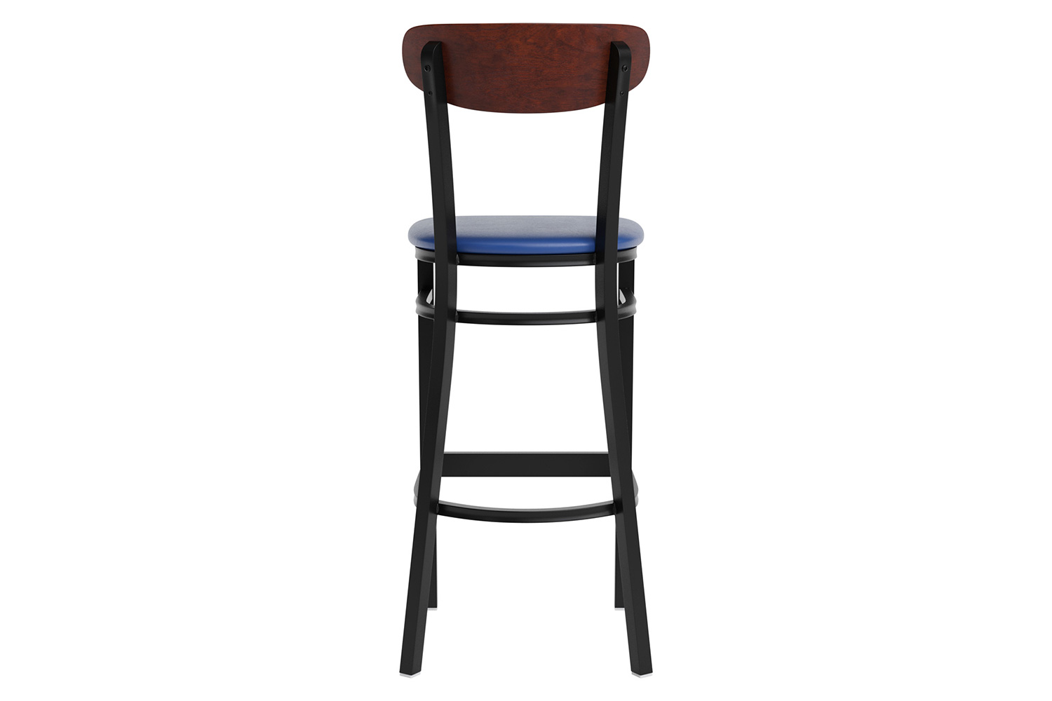 BLNK Wright Commercial Bar Stool Black Steel Frame with Walnut Finish Wooden Boomerang Back and Vinyl Seat - Blue