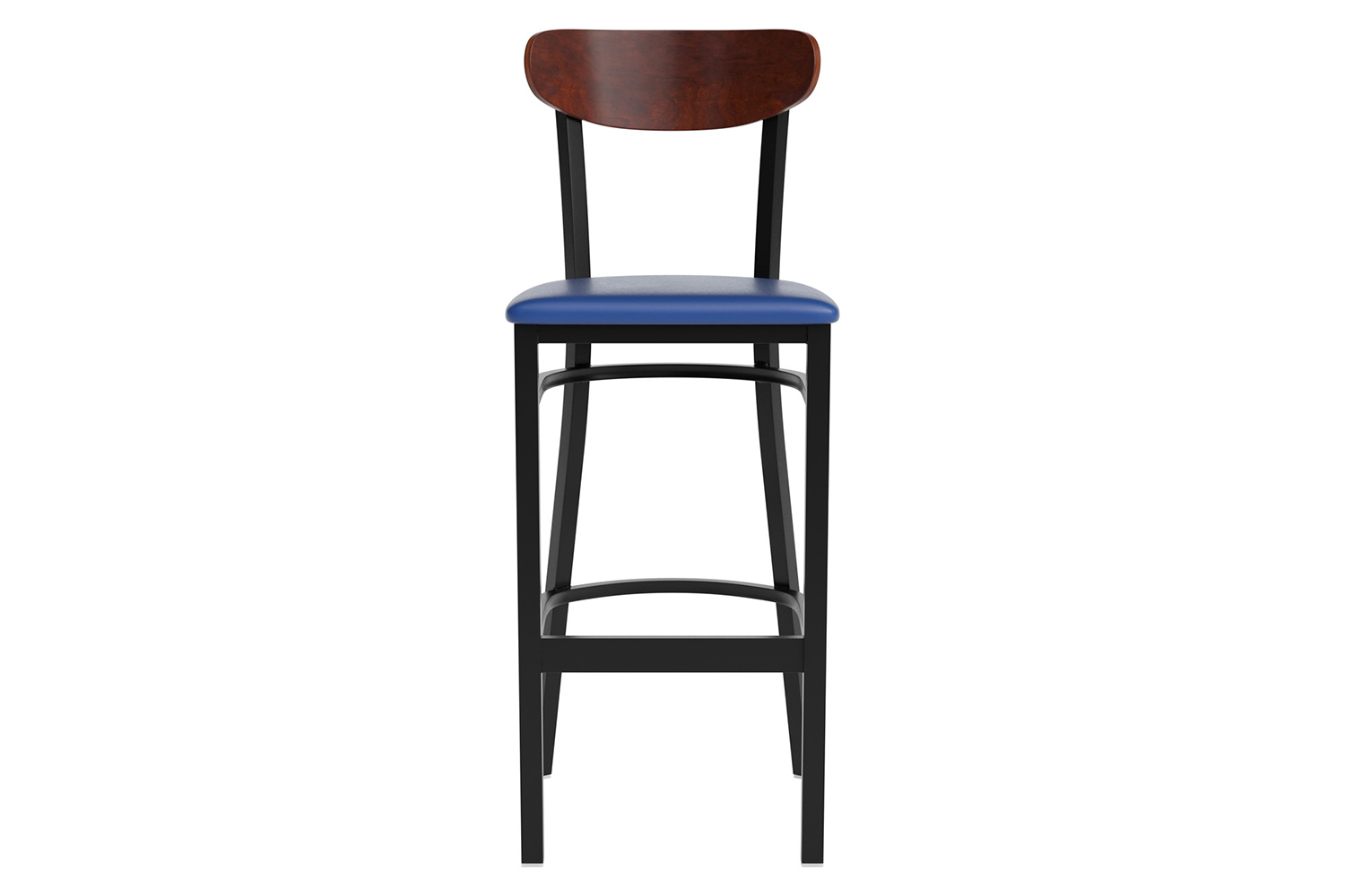 BLNK Wright Commercial Bar Stool Black Steel Frame with Walnut Finish Wooden Boomerang Back and Vinyl Seat - Blue