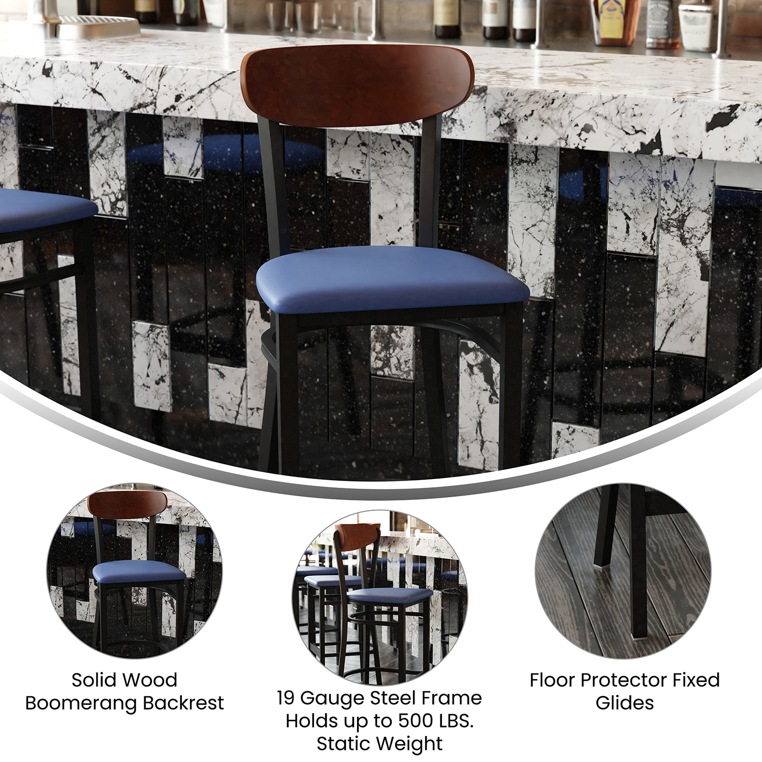 BLNK Wright Commercial Bar Stool Black Steel Frame with Walnut Finish Wooden Boomerang Back and Vinyl Seat - Blue