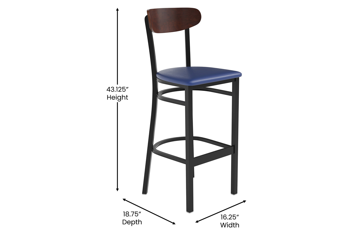 BLNK Wright Commercial Bar Stool Black Steel Frame with Walnut Finish Wooden Boomerang Back and Vinyl Seat - Blue