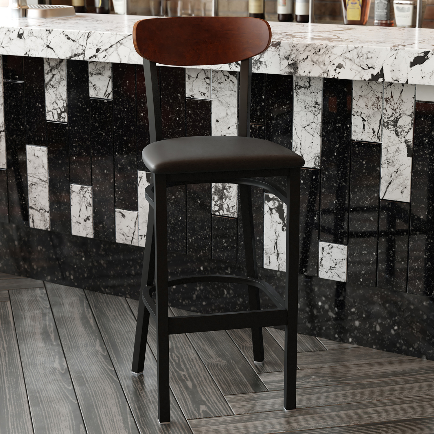 BLNK Wright Commercial Bar Stool Black Steel Frame with Walnut Finish Wooden Boomerang Back and Vinyl Seat