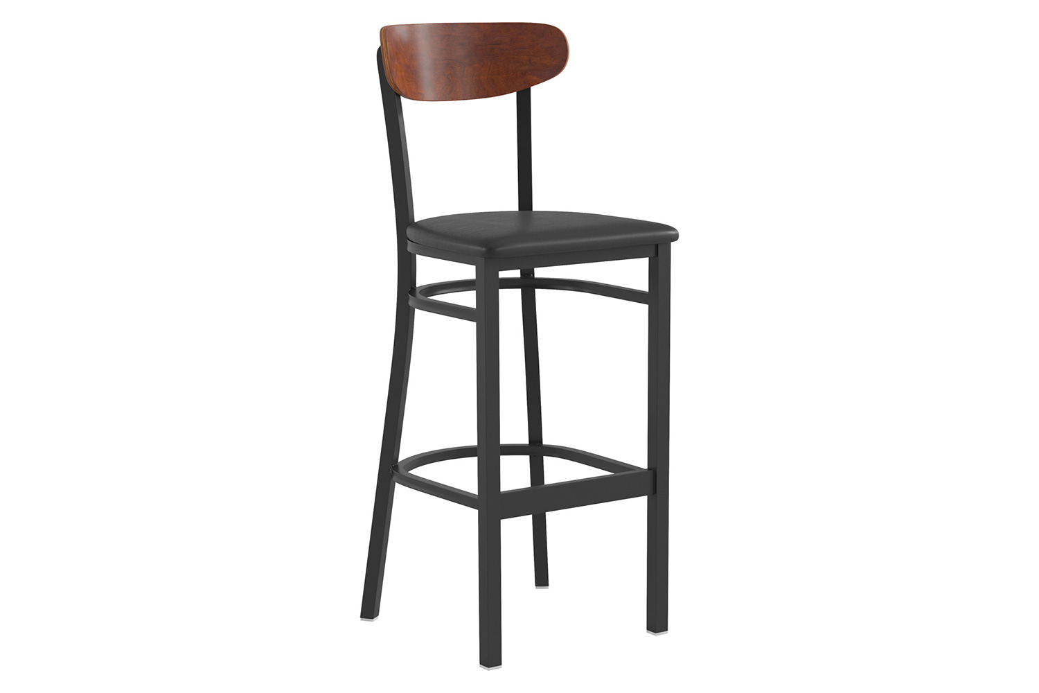 BLNK Wright Commercial Bar Stool Black Steel Frame with Walnut Finish Wooden Boomerang Back and Vinyl Seat - Black