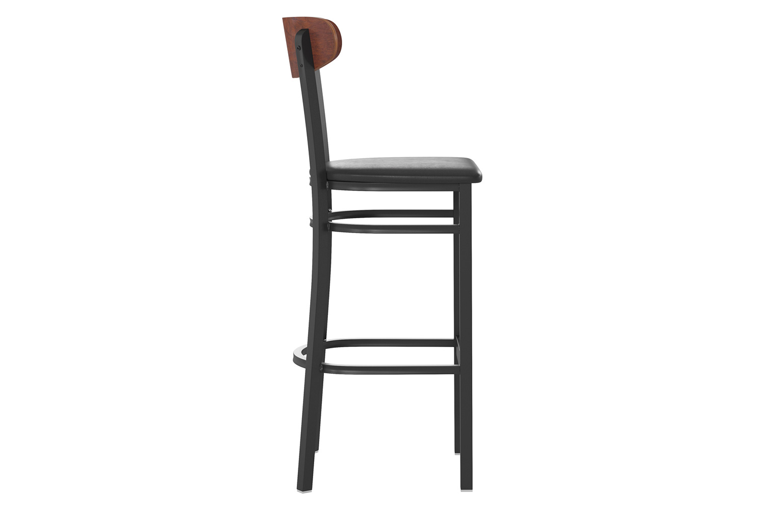 BLNK Wright Commercial Bar Stool Black Steel Frame with Walnut Finish Wooden Boomerang Back and Vinyl Seat - Black