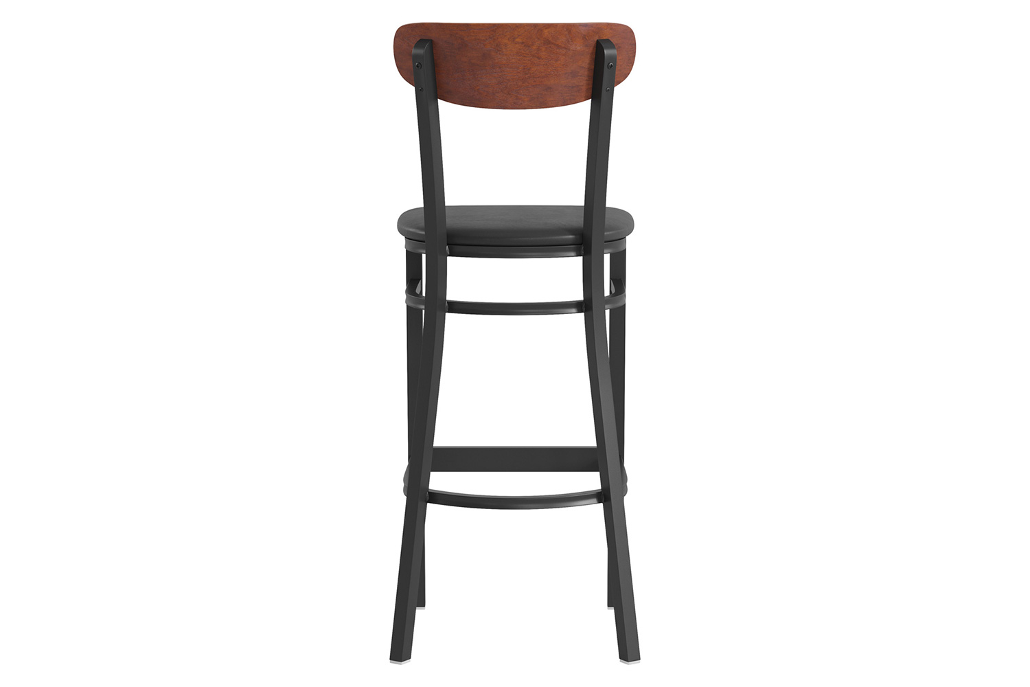 BLNK Wright Commercial Bar Stool Black Steel Frame with Walnut Finish Wooden Boomerang Back and Vinyl Seat - Black