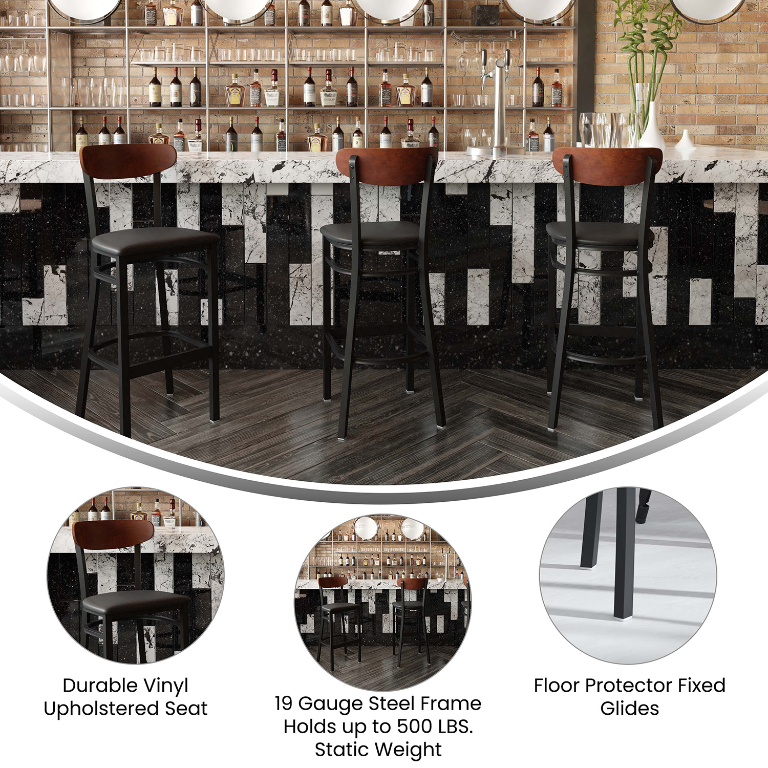 BLNK Wright Commercial Bar Stool Black Steel Frame with Walnut Finish Wooden Boomerang Back and Vinyl Seat - Black