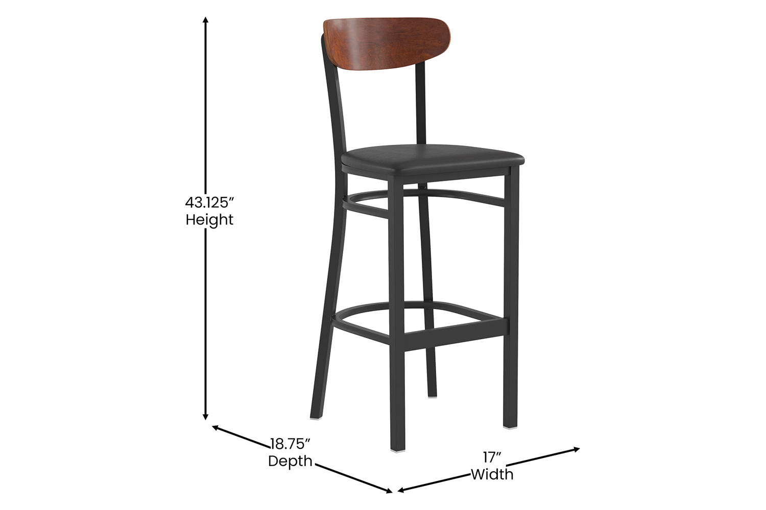 BLNK Wright Commercial Bar Stool Black Steel Frame with Walnut Finish Wooden Boomerang Back and Vinyl Seat - Black