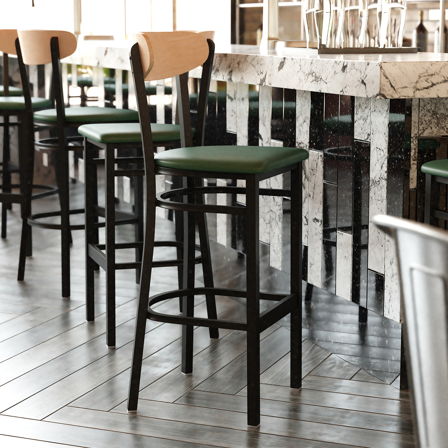 BLNK Wright Commercial Bar Stool Black Steel Frame with Natural Birch Finish Wooden Boomerang Back and Vinyl Seat