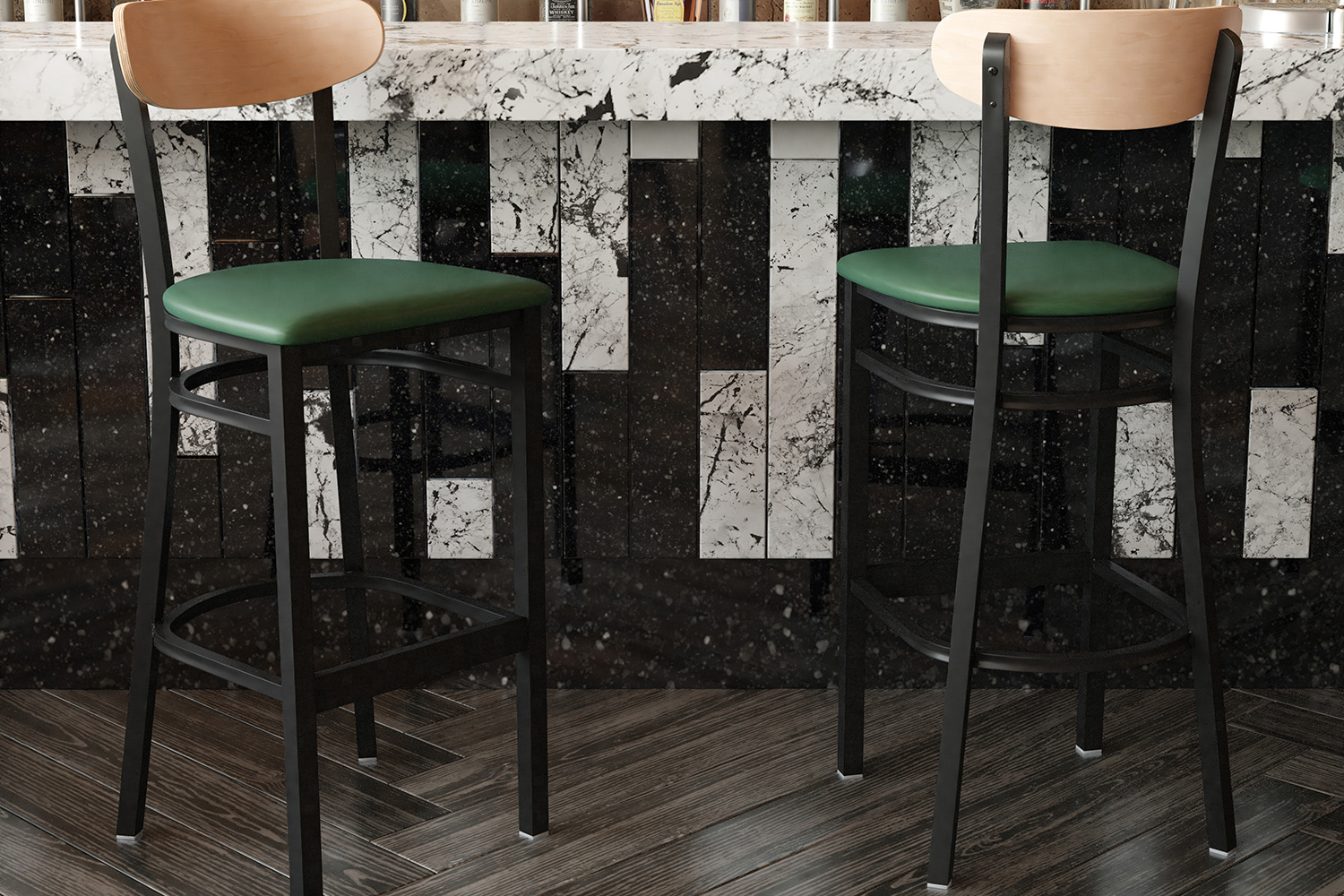 BLNK™ Wright Commercial Bar Stool Black Steel Frame with Natural Birch Finish Wooden Boomerang Back and Vinyl Seat - Green