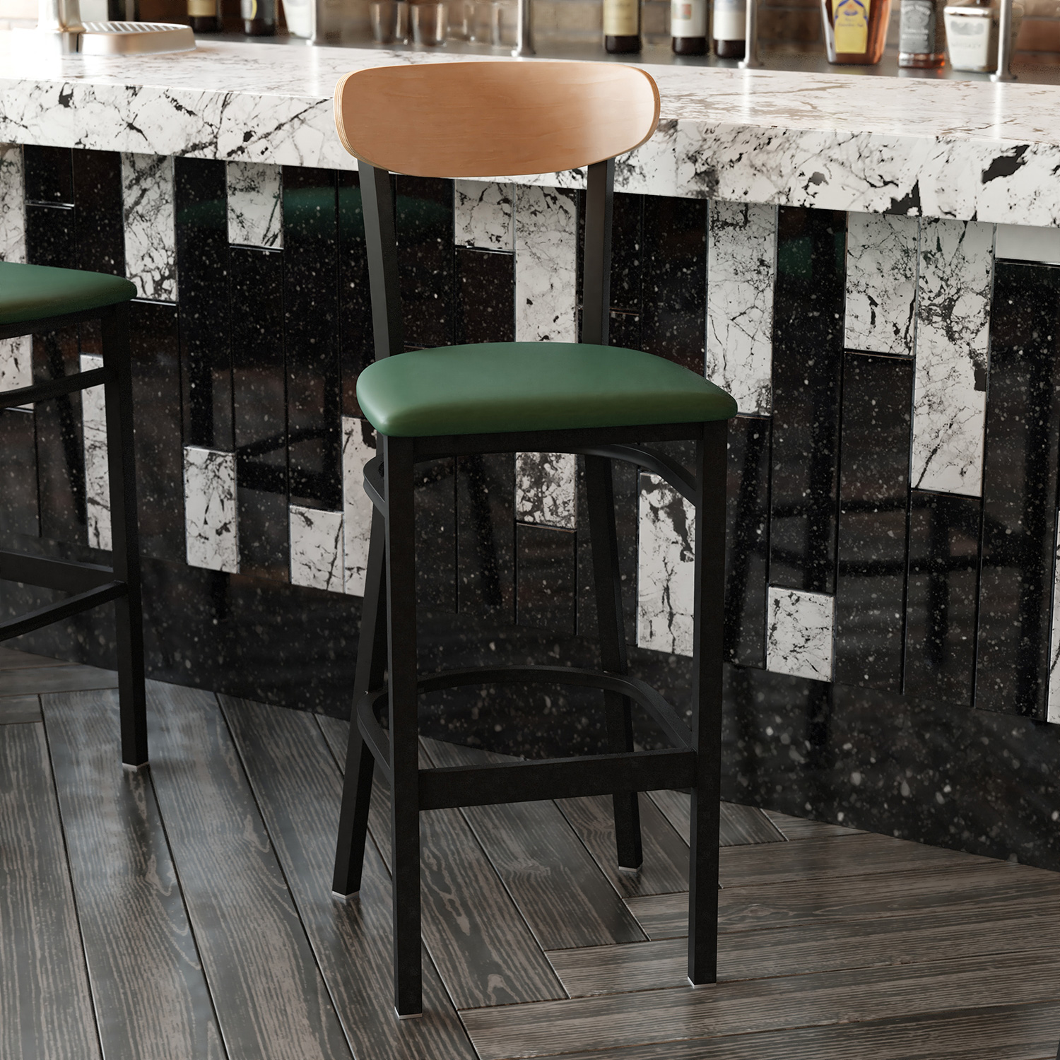 BLNK™ Wright Commercial Bar Stool Black Steel Frame with Natural Birch Finish Wooden Boomerang Back and Vinyl Seat - Green