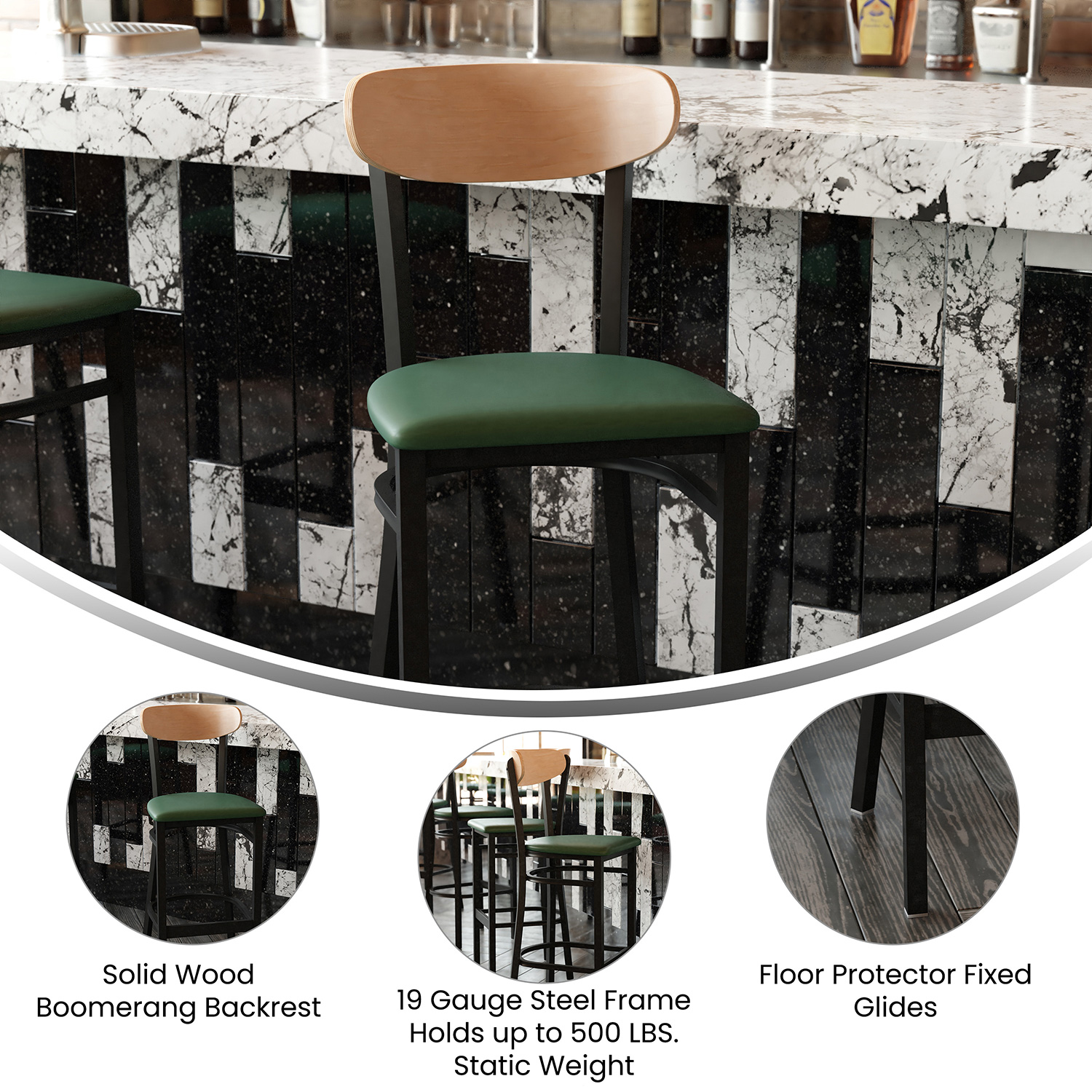 BLNK™ Wright Commercial Bar Stool Black Steel Frame with Natural Birch Finish Wooden Boomerang Back and Vinyl Seat - Green