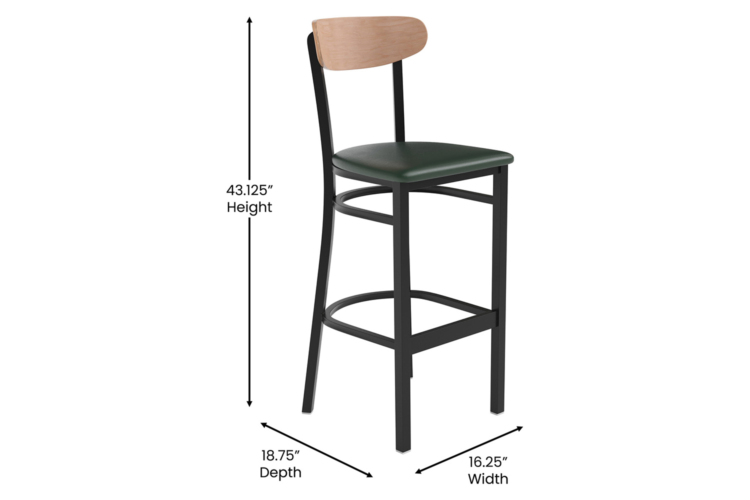 BLNK™ Wright Commercial Bar Stool Black Steel Frame with Natural Birch Finish Wooden Boomerang Back and Vinyl Seat - Green