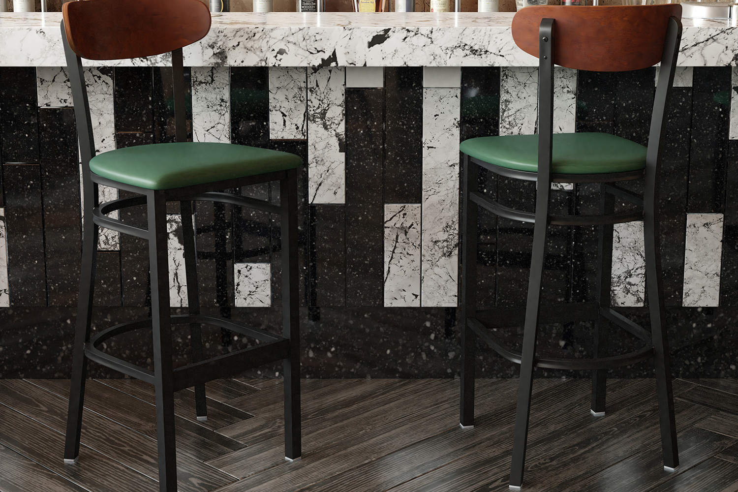 BLNK Wright Commercial Bar Stool Black Steel Frame with Walnut Finish Wooden Boomerang Back and Vinyl Seat - Green