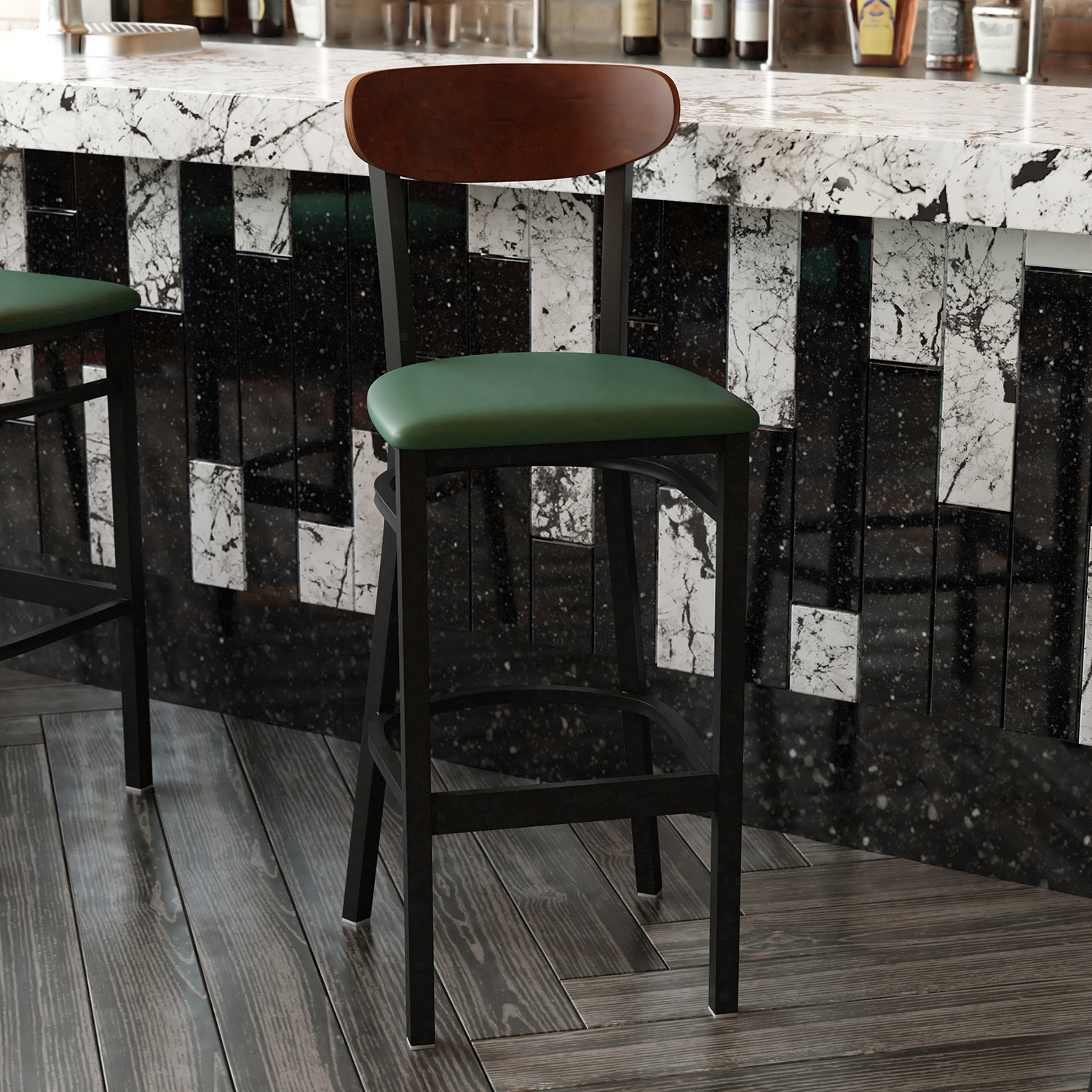 BLNK Wright Commercial Bar Stool Black Steel Frame with Walnut Finish Wooden Boomerang Back and Vinyl Seat - Green