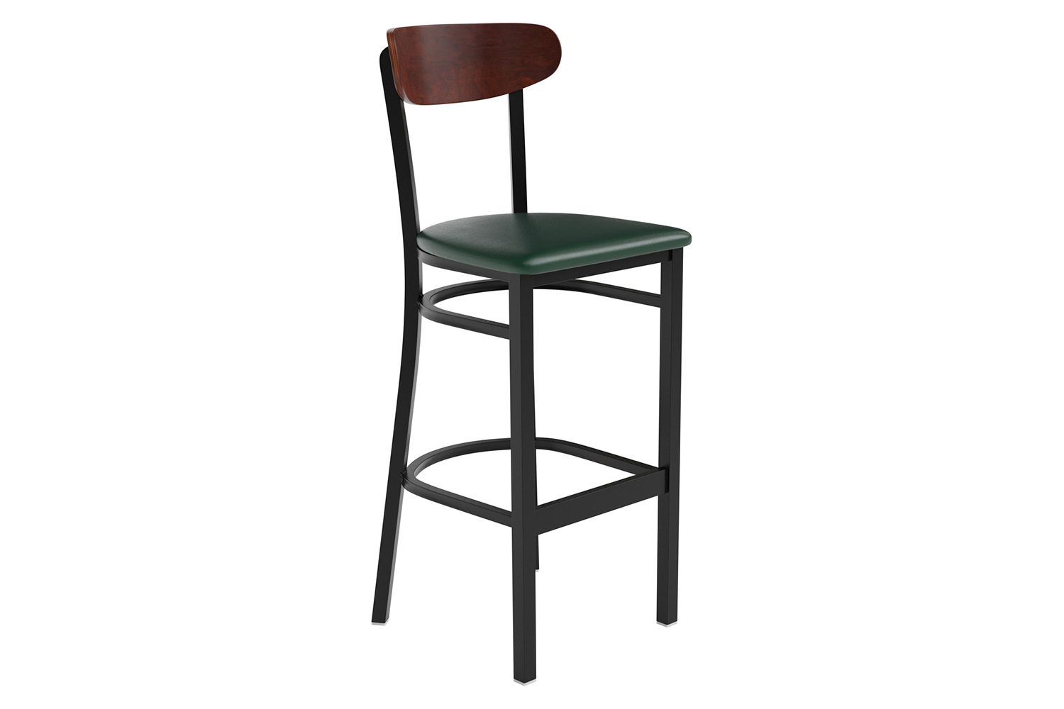 BLNK Wright Commercial Bar Stool Black Steel Frame with Walnut Finish Wooden Boomerang Back and Vinyl Seat - Green