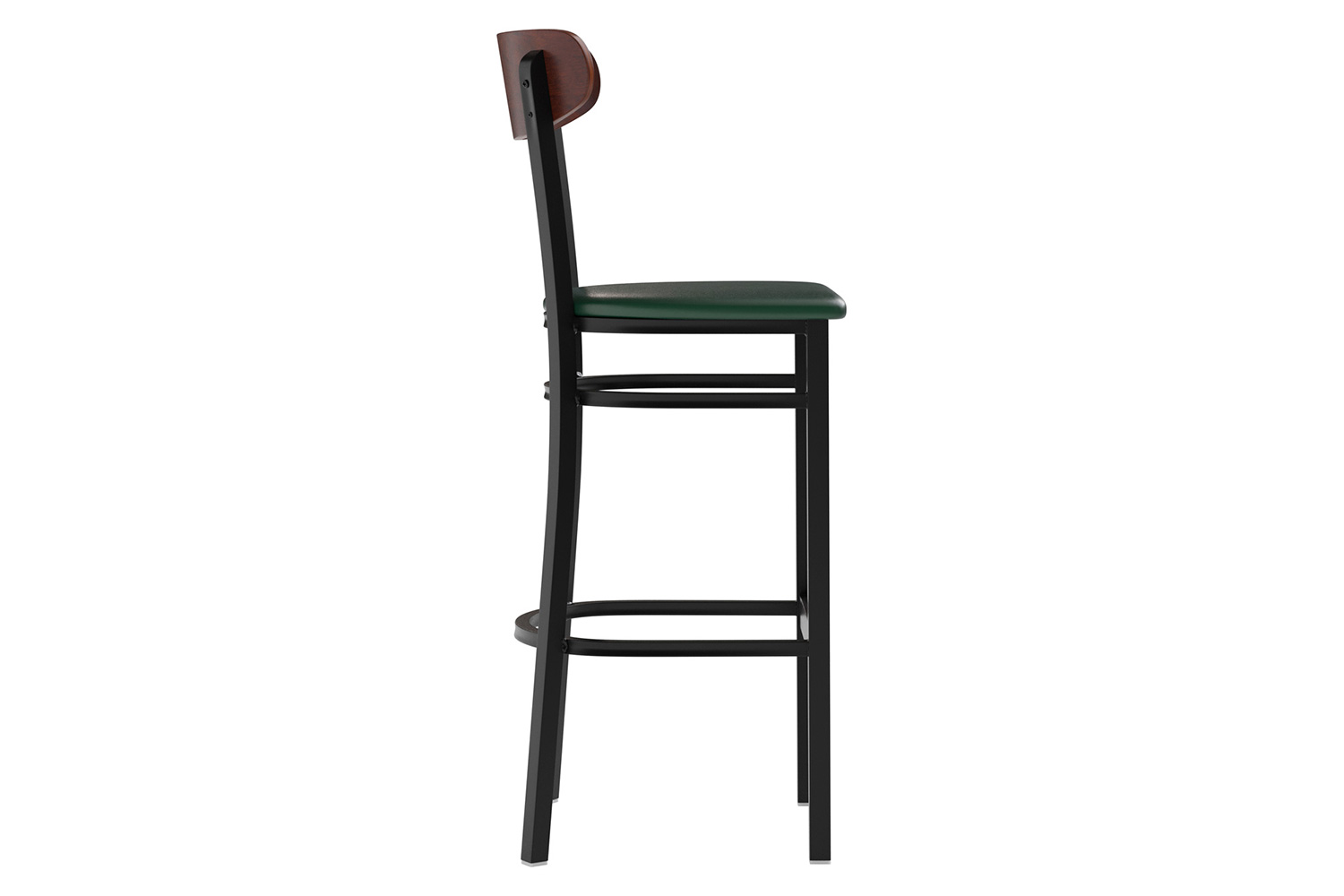 BLNK Wright Commercial Bar Stool Black Steel Frame with Walnut Finish Wooden Boomerang Back and Vinyl Seat - Green