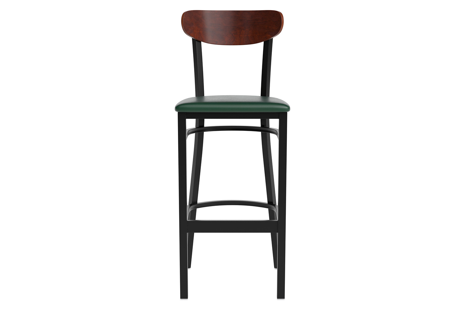 BLNK Wright Commercial Bar Stool Black Steel Frame with Walnut Finish Wooden Boomerang Back and Vinyl Seat - Green