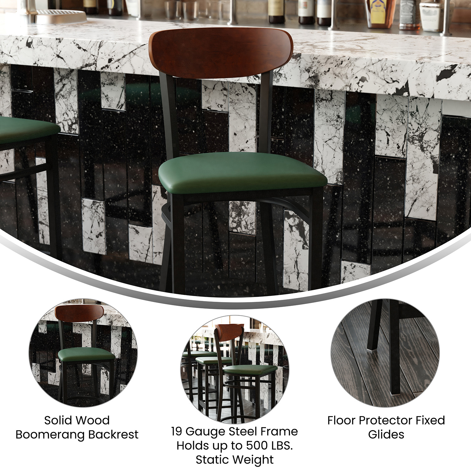 BLNK Wright Commercial Bar Stool Black Steel Frame with Walnut Finish Wooden Boomerang Back and Vinyl Seat - Green