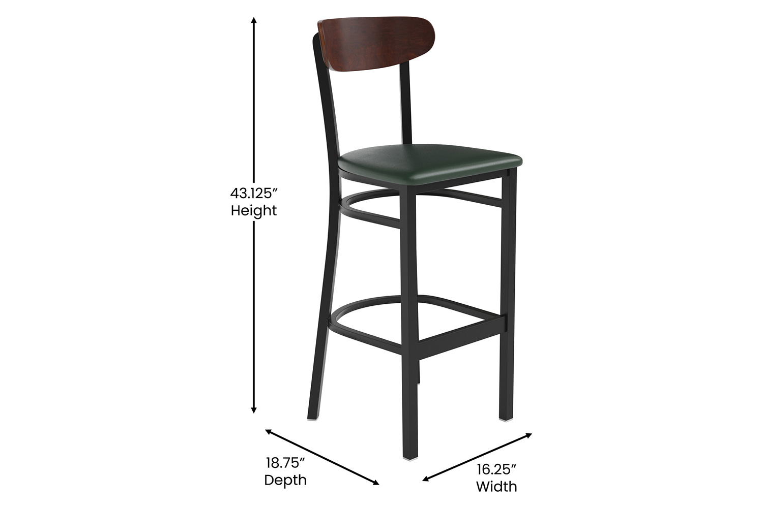 BLNK Wright Commercial Bar Stool Black Steel Frame with Walnut Finish Wooden Boomerang Back and Vinyl Seat - Green