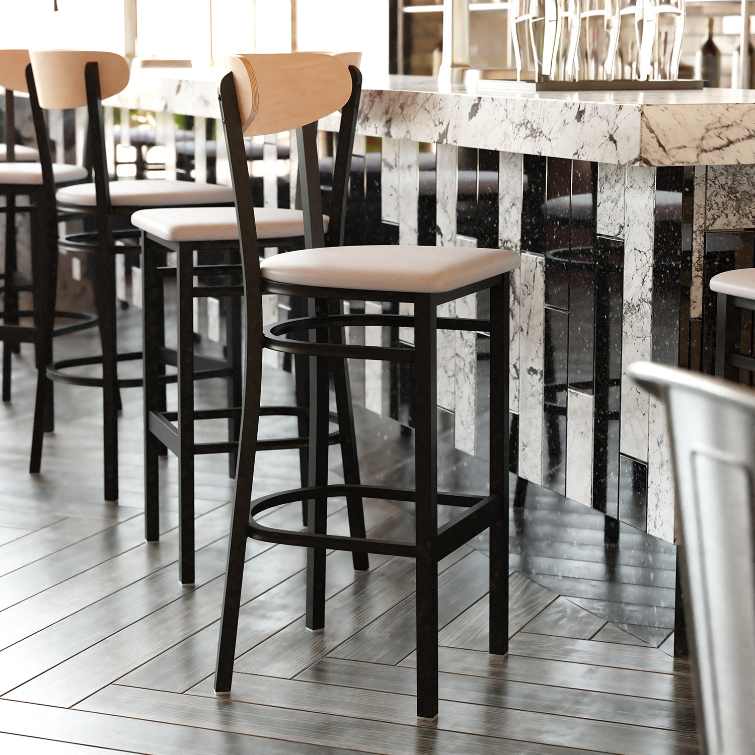 BLNK Wright Commercial Bar Stool Black Steel Frame with Natural Birch Finish Wooden Boomerang Back and Vinyl Seat