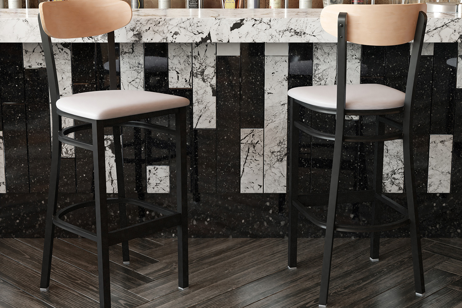 BLNK Wright Commercial Bar Stool Black Steel Frame with Natural Birch Finish Wooden Boomerang Back and Vinyl Seat - Gray