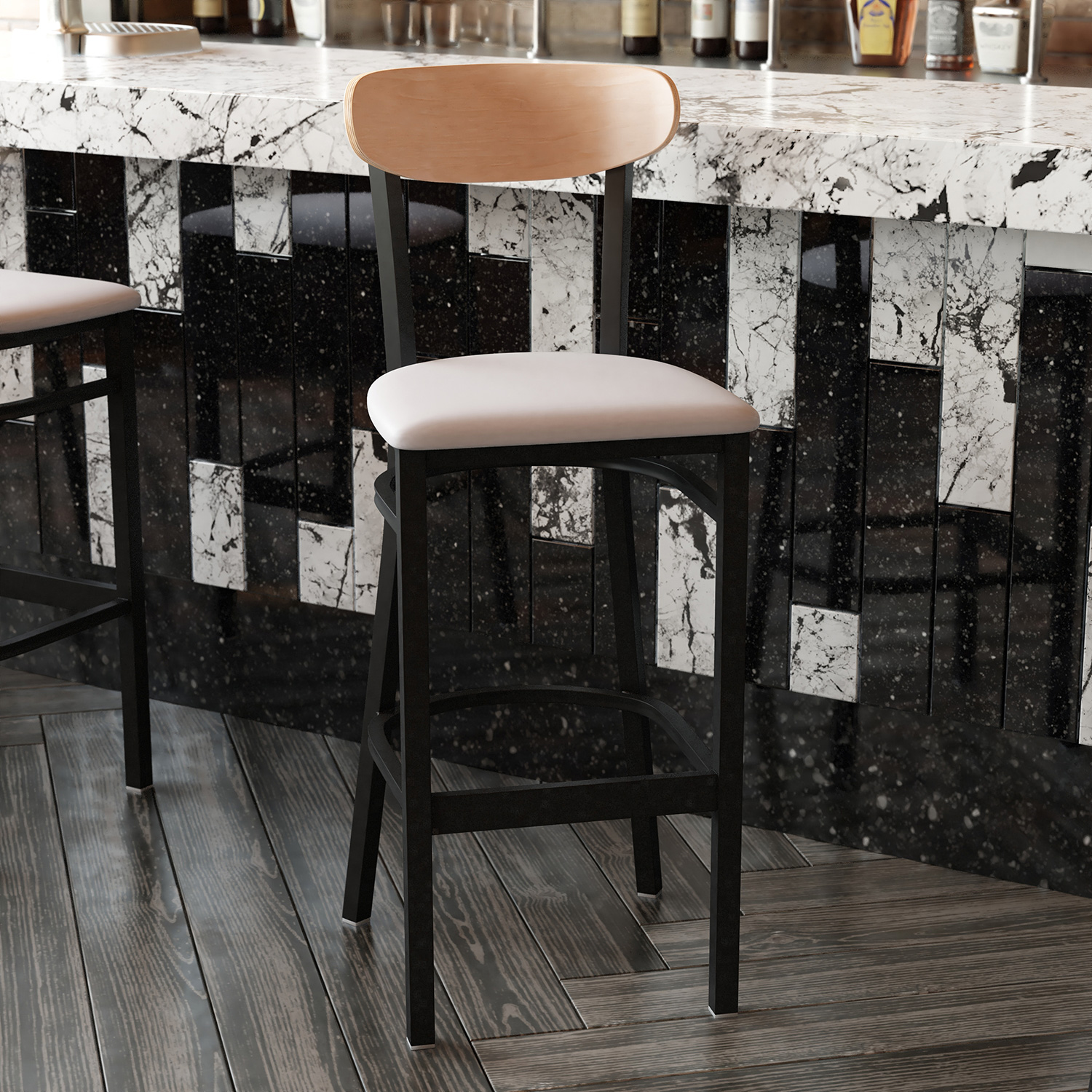 BLNK Wright Commercial Bar Stool Black Steel Frame with Natural Birch Finish Wooden Boomerang Back and Vinyl Seat - Gray