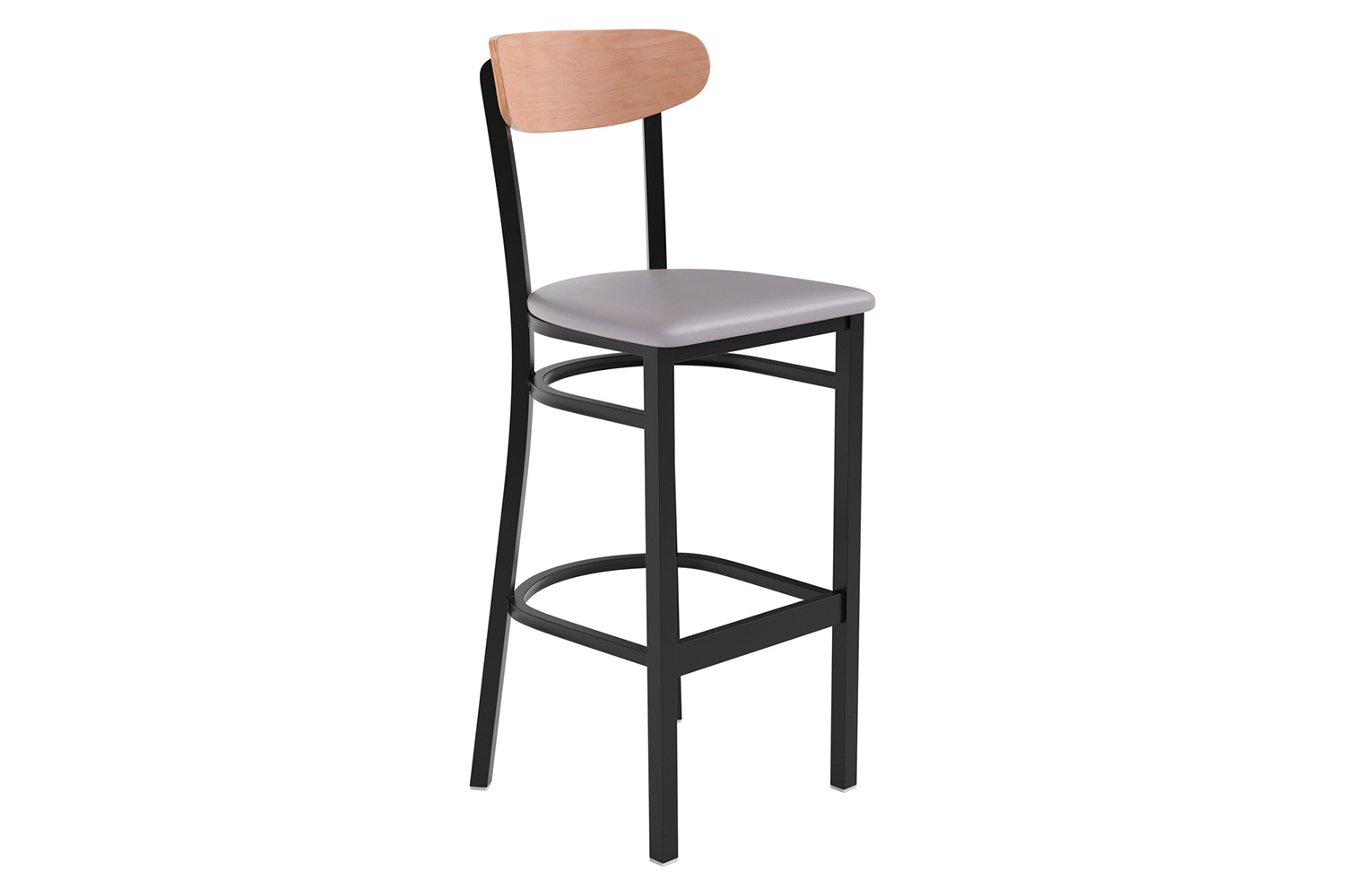 BLNK Wright Commercial Bar Stool Black Steel Frame with Natural Birch Finish Wooden Boomerang Back and Vinyl Seat - Gray