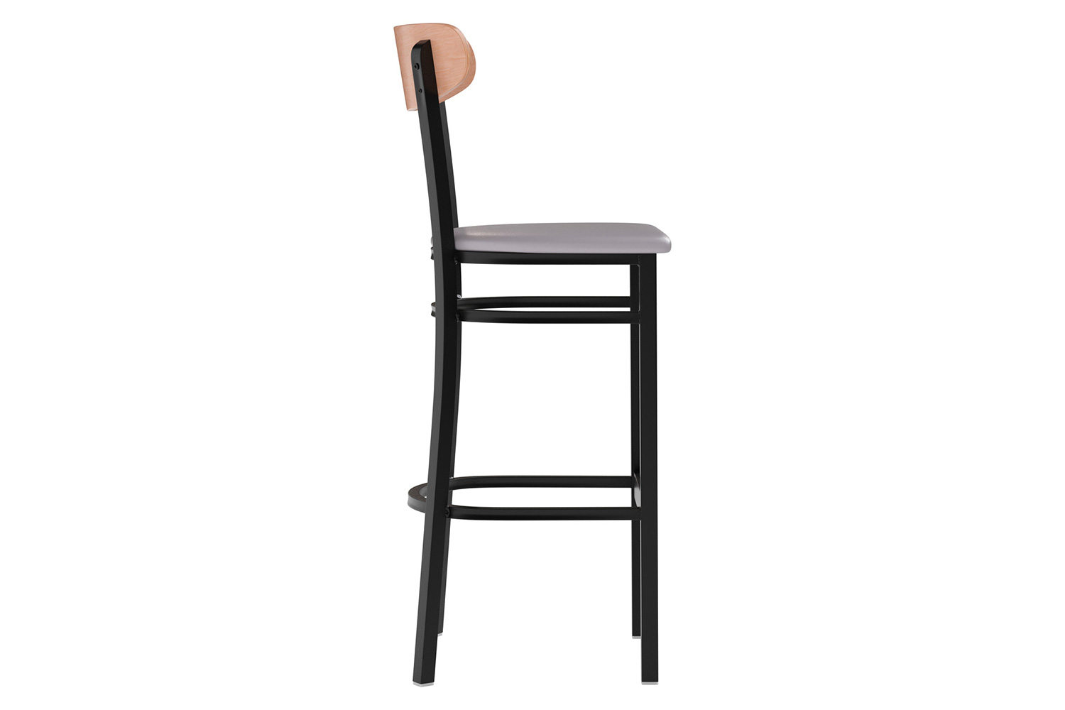 BLNK Wright Commercial Bar Stool Black Steel Frame with Natural Birch Finish Wooden Boomerang Back and Vinyl Seat - Gray