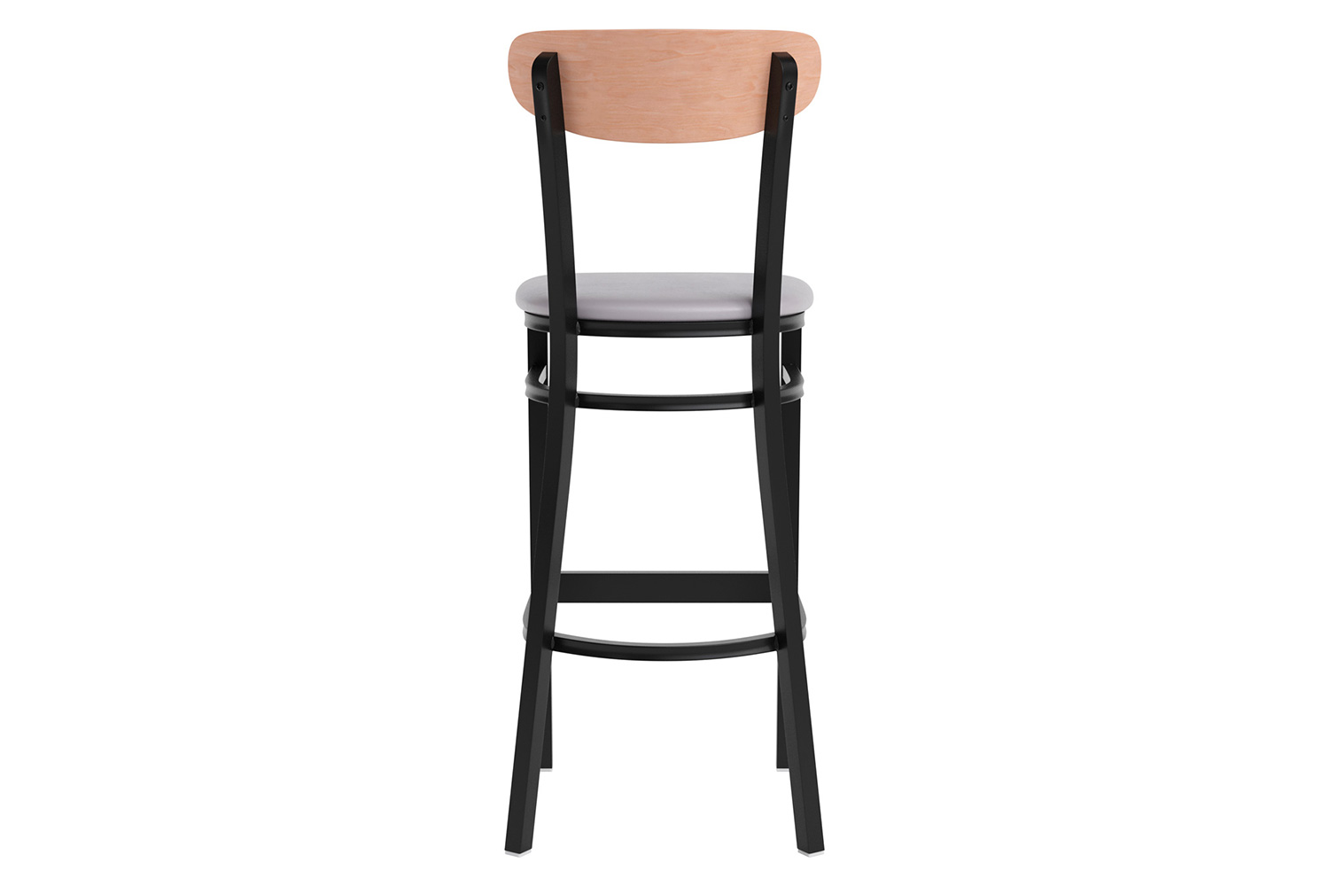 BLNK Wright Commercial Bar Stool Black Steel Frame with Natural Birch Finish Wooden Boomerang Back and Vinyl Seat - Gray