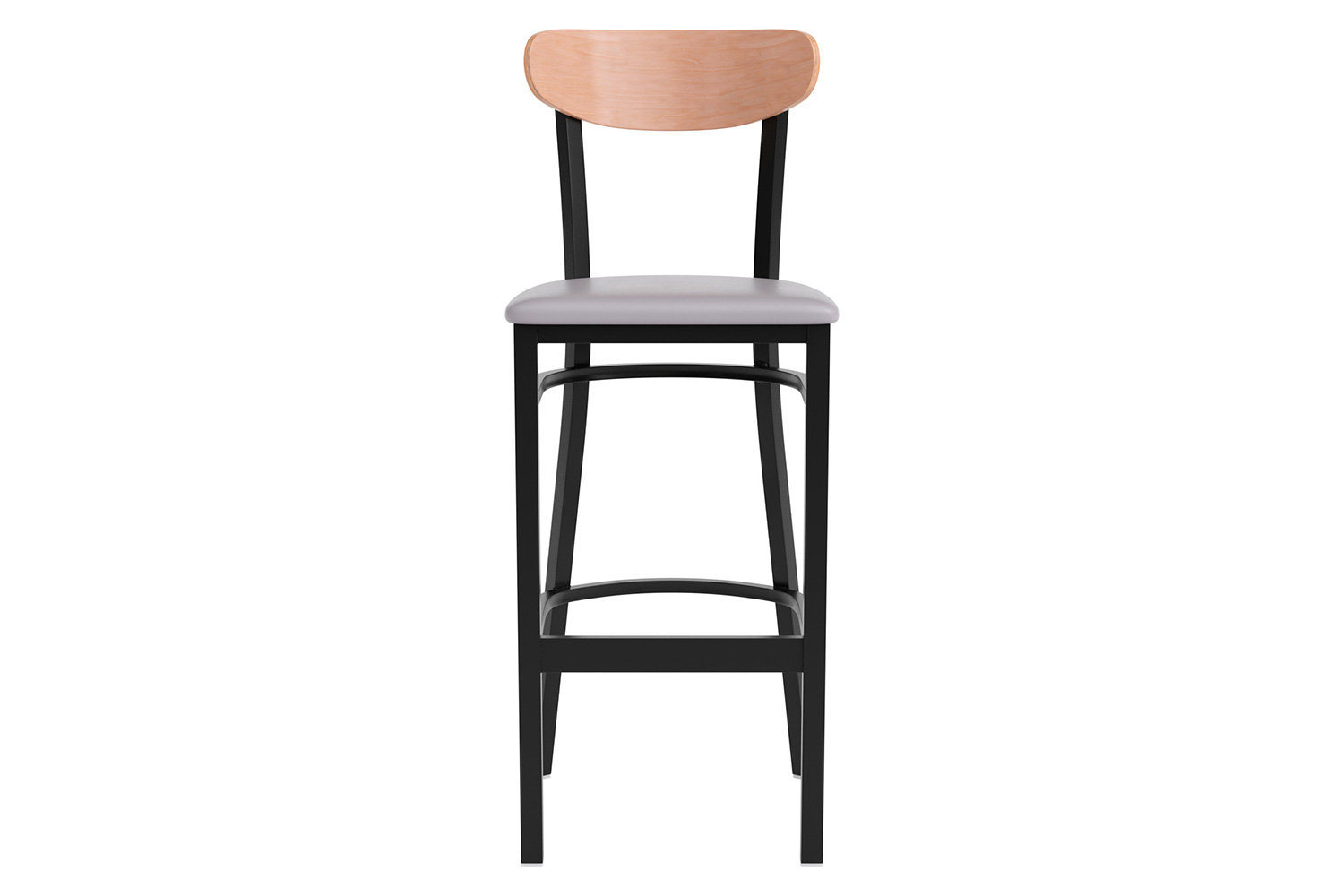 BLNK Wright Commercial Bar Stool Black Steel Frame with Natural Birch Finish Wooden Boomerang Back and Vinyl Seat - Gray