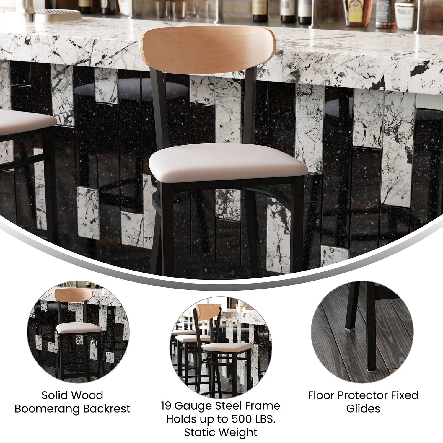 BLNK Wright Commercial Bar Stool Black Steel Frame with Natural Birch Finish Wooden Boomerang Back and Vinyl Seat - Gray