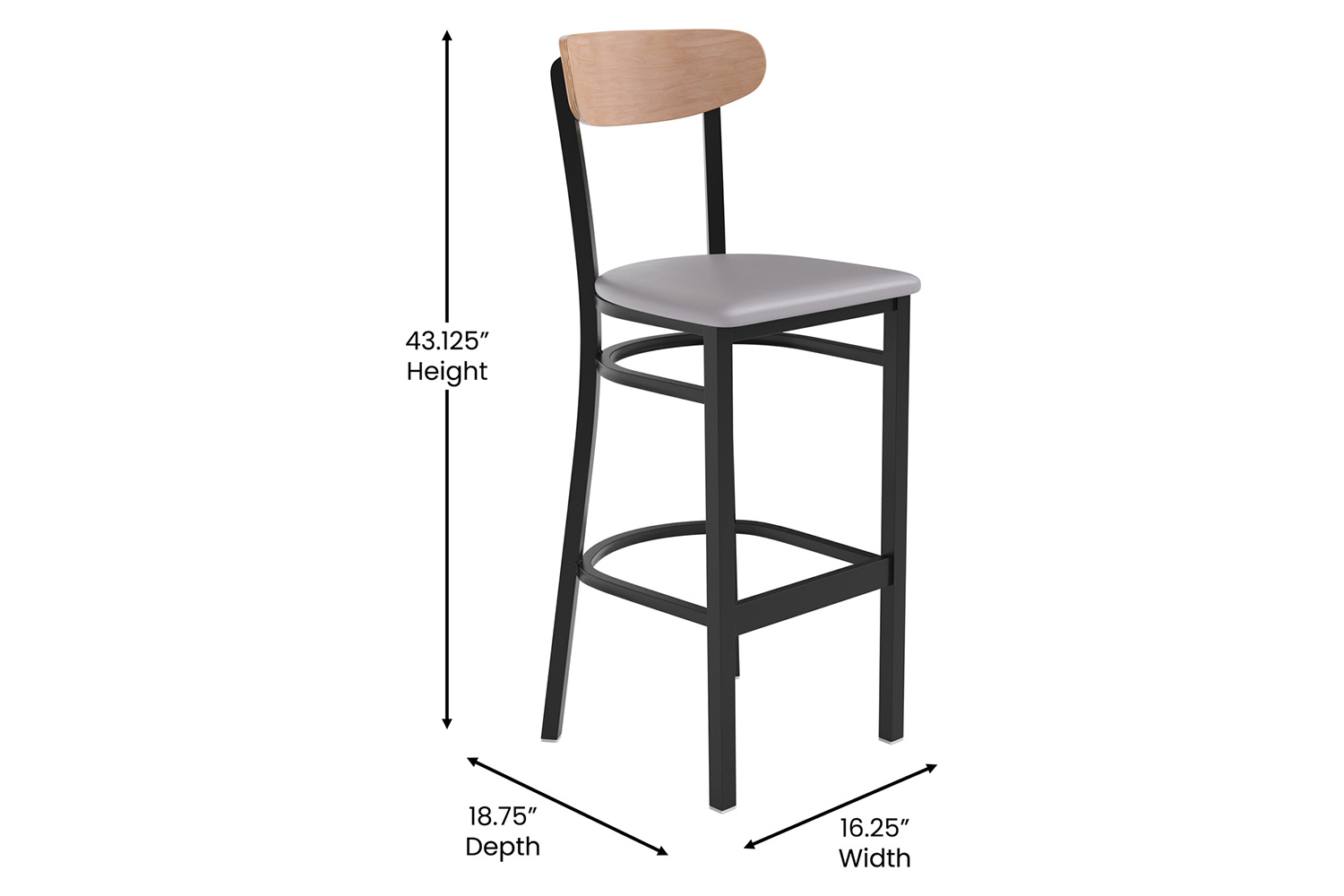 BLNK Wright Commercial Bar Stool Black Steel Frame with Natural Birch Finish Wooden Boomerang Back and Vinyl Seat - Gray