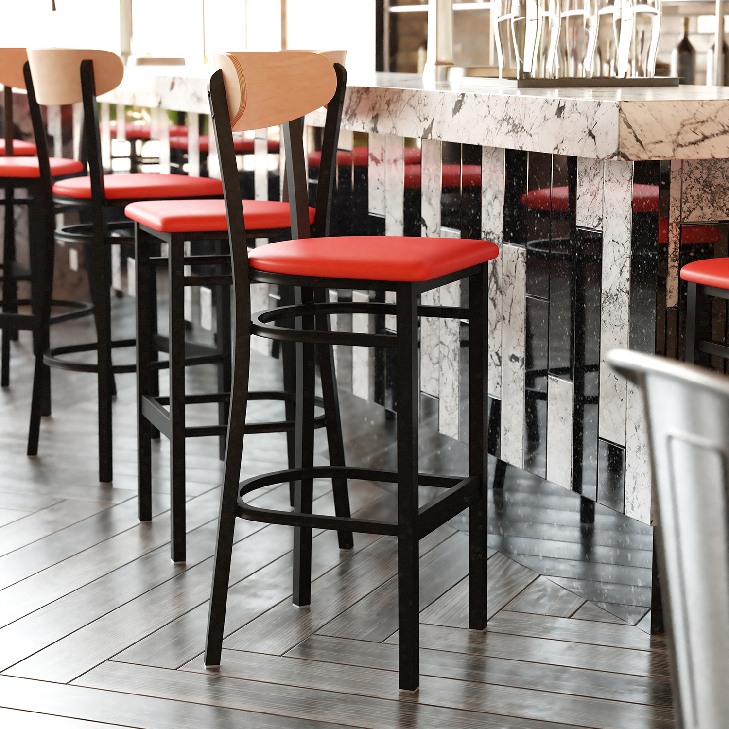 BLNK Wright Commercial Bar Stool Black Steel Frame with Natural Birch Finish Wooden Boomerang Back and Vinyl Seat