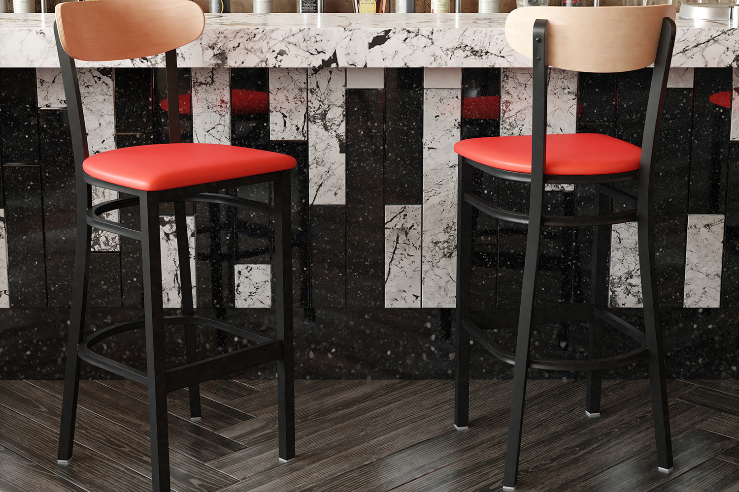 BLNK Wright Commercial Bar Stool Black Steel Frame with Natural Birch Finish Wooden Boomerang Back and Vinyl Seat - Red