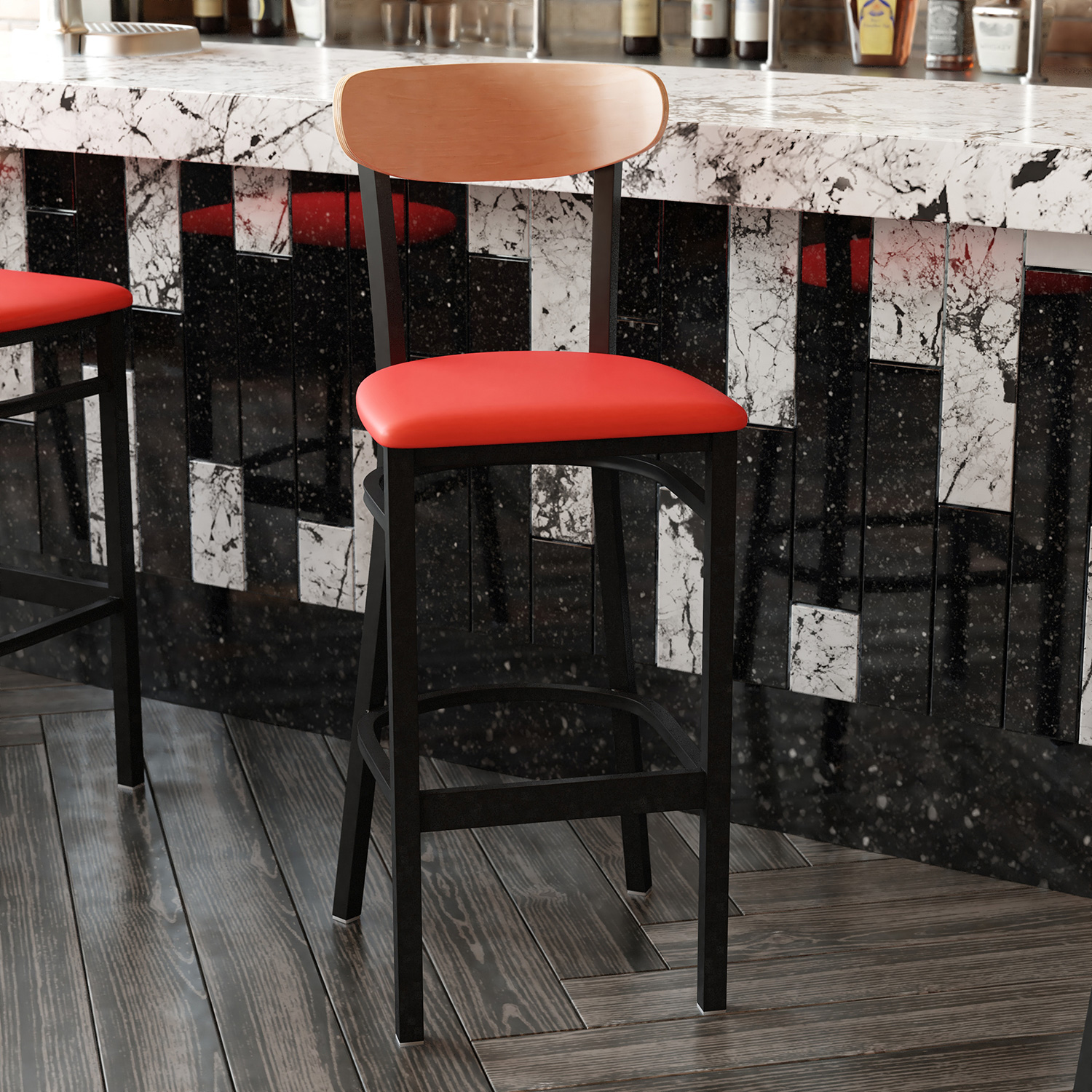 BLNK Wright Commercial Bar Stool Black Steel Frame with Natural Birch Finish Wooden Boomerang Back and Vinyl Seat - Red