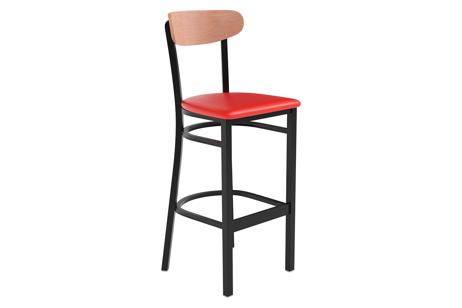 BLNK Wright Commercial Bar Stool Black Steel Frame with Natural Birch Finish Wooden Boomerang Back and Vinyl Seat - Red