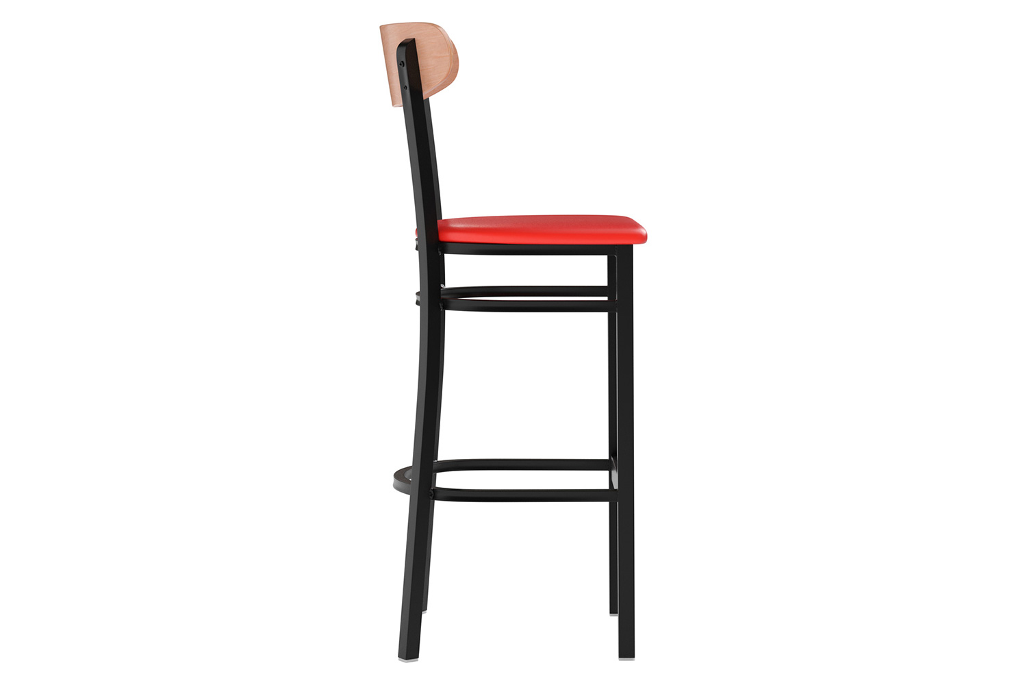 BLNK Wright Commercial Bar Stool Black Steel Frame with Natural Birch Finish Wooden Boomerang Back and Vinyl Seat - Red