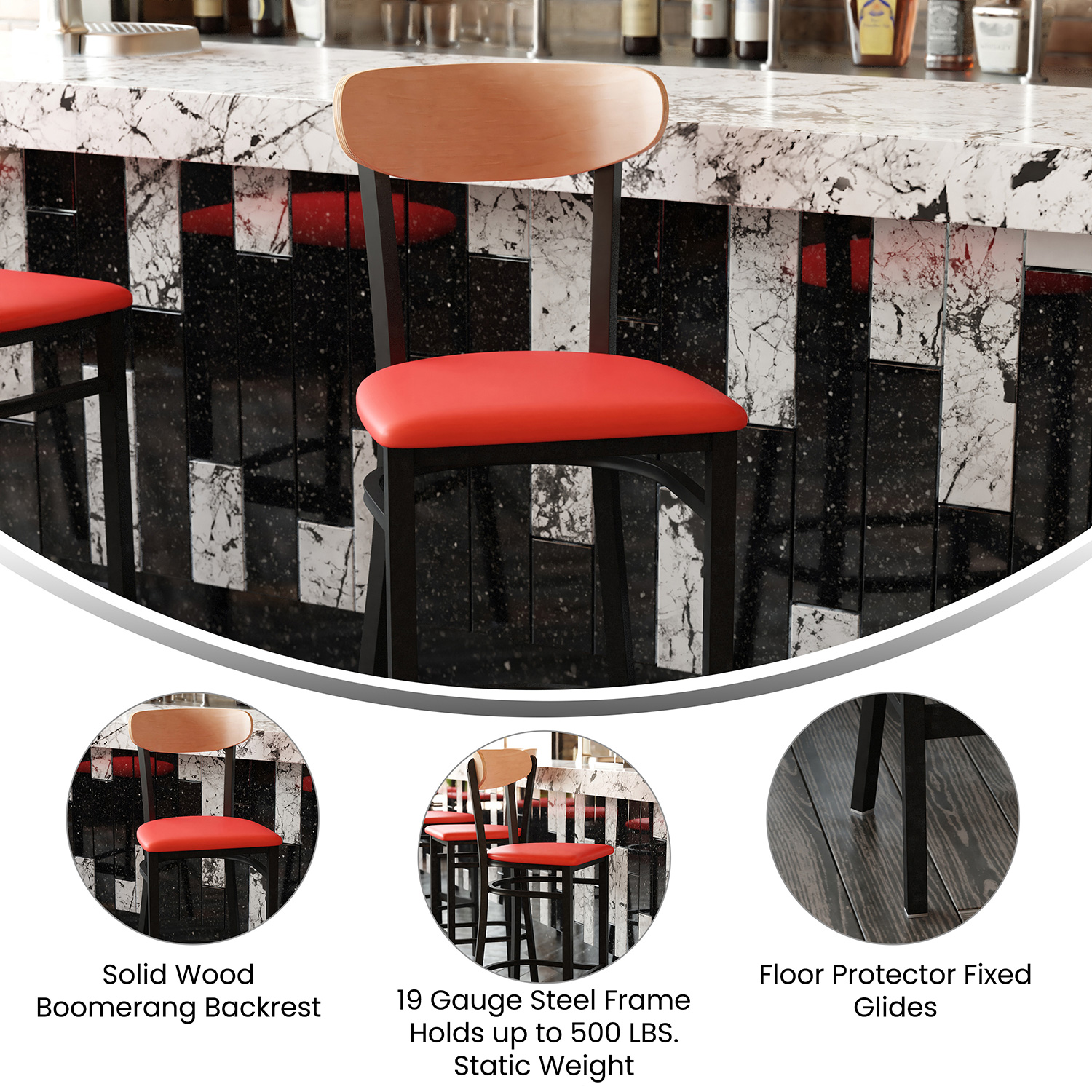 BLNK Wright Commercial Bar Stool Black Steel Frame with Natural Birch Finish Wooden Boomerang Back and Vinyl Seat - Red