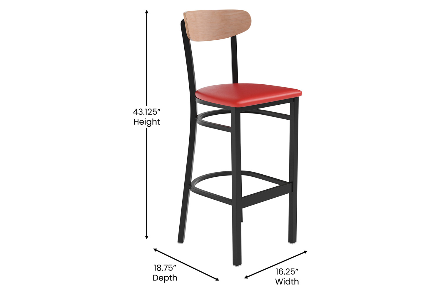 BLNK Wright Commercial Bar Stool Black Steel Frame with Natural Birch Finish Wooden Boomerang Back and Vinyl Seat - Red