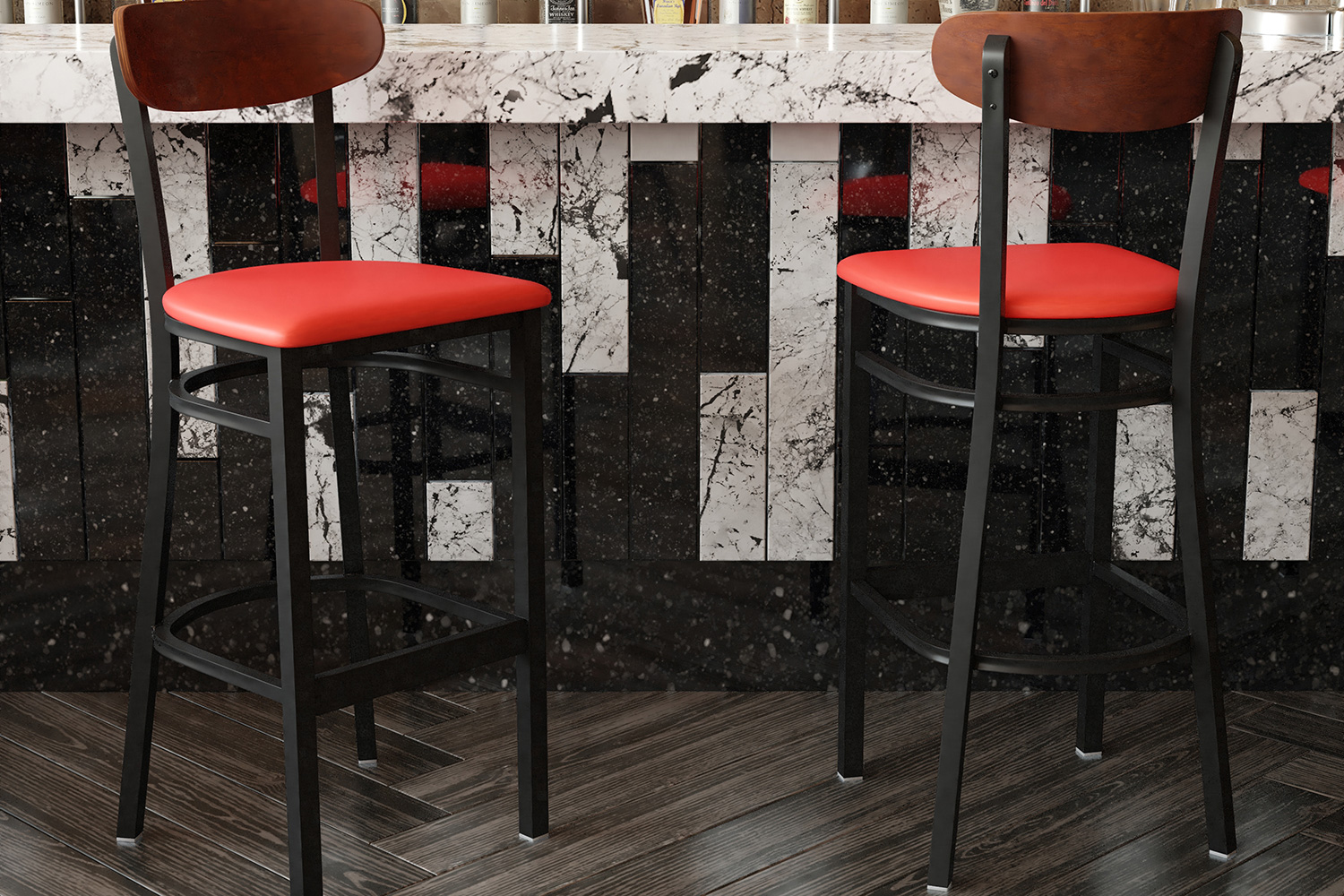 BLNK Wright Commercial Bar Stool Black Steel Frame with Walnut Finish Wooden Boomerang Back and Vinyl Seat