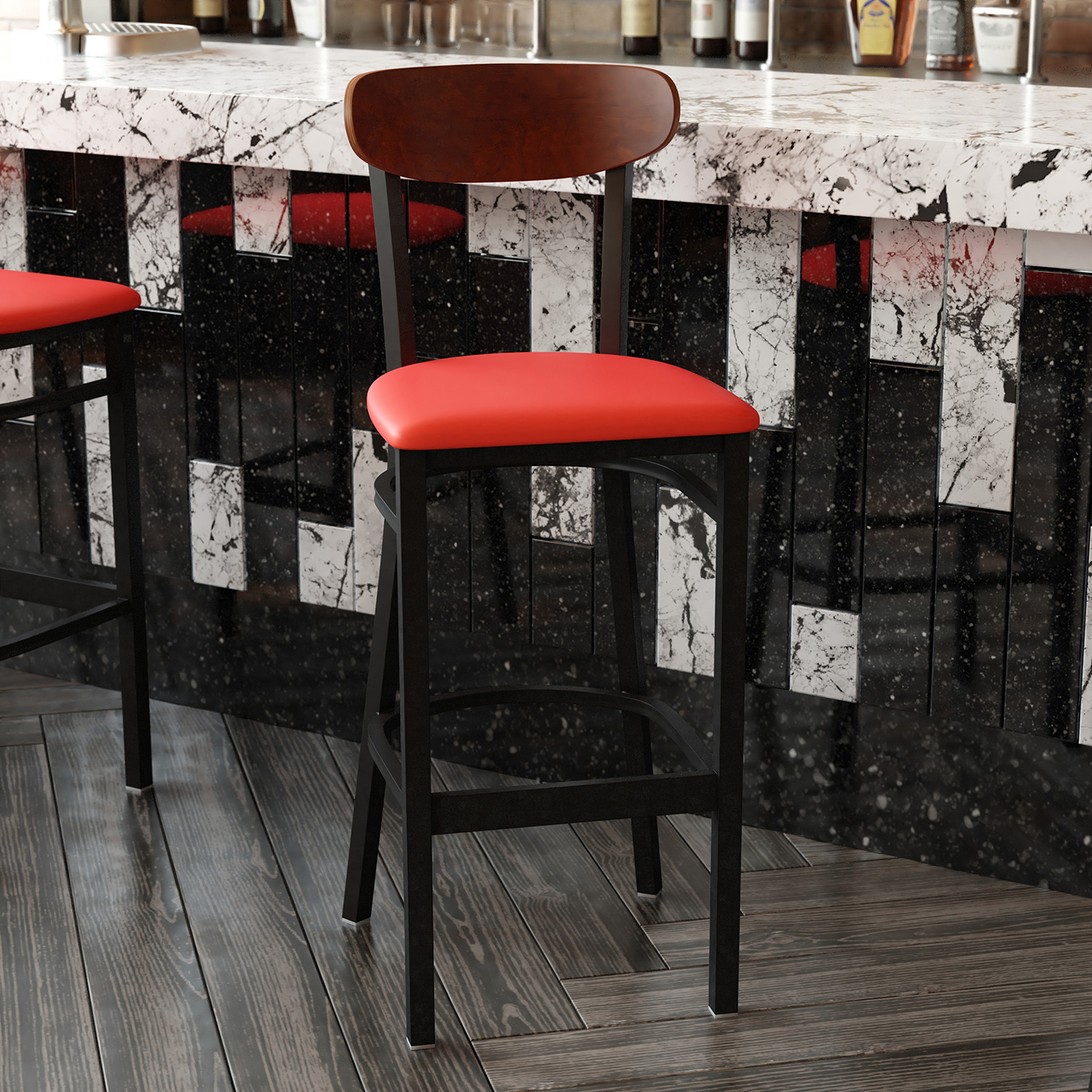 BLNK Wright Commercial Bar Stool Black Steel Frame with Walnut Finish Wooden Boomerang Back and Vinyl Seat - Red