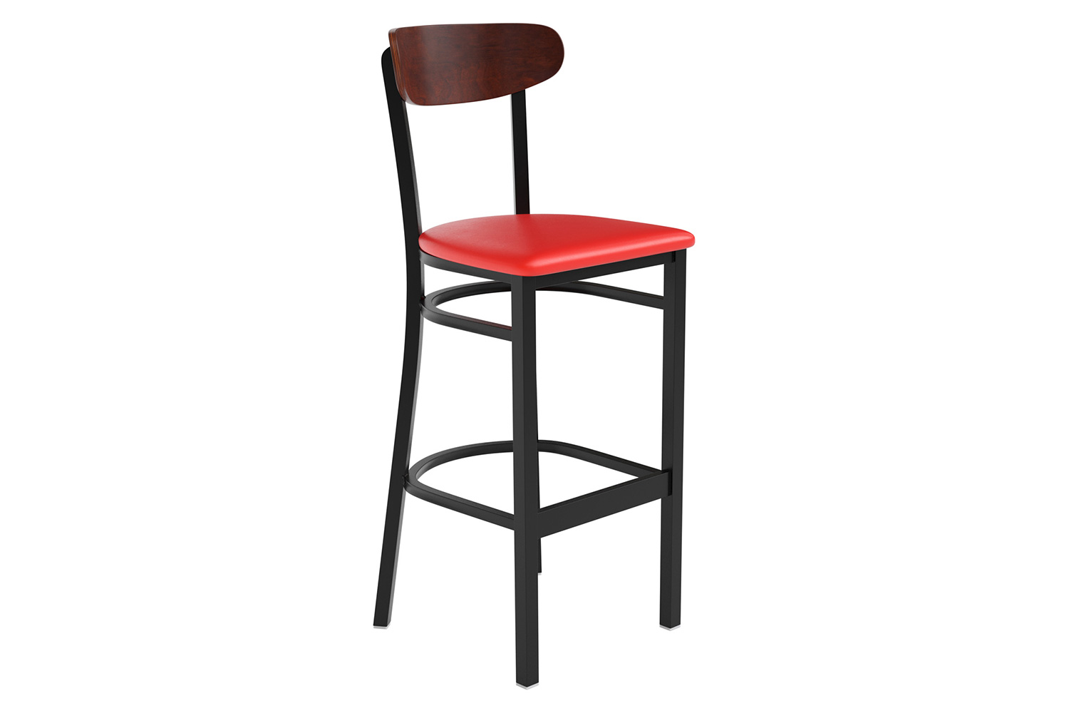 BLNK Wright Commercial Bar Stool Black Steel Frame with Walnut Finish Wooden Boomerang Back and Vinyl Seat - Red