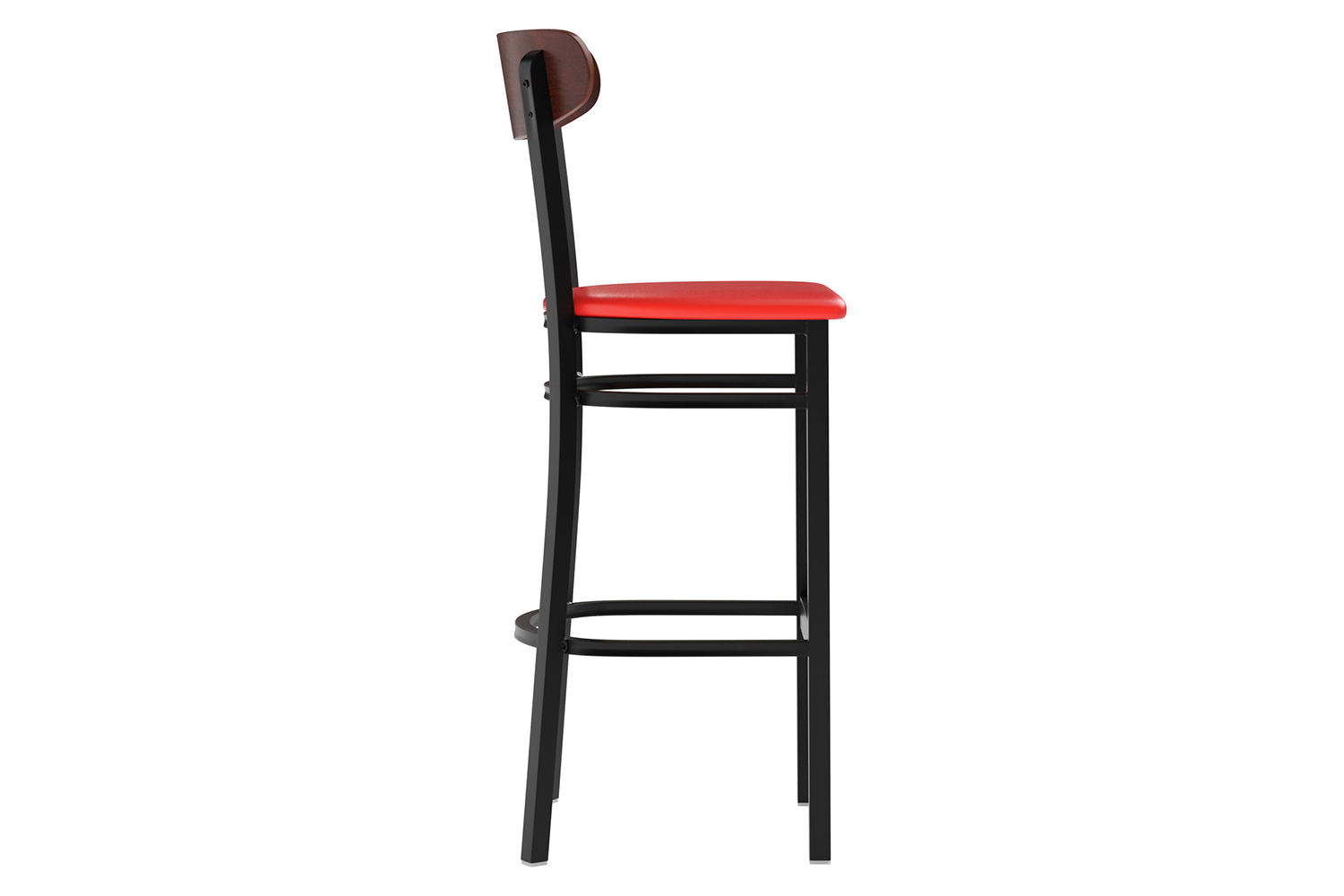 BLNK Wright Commercial Bar Stool Black Steel Frame with Walnut Finish Wooden Boomerang Back and Vinyl Seat - Red