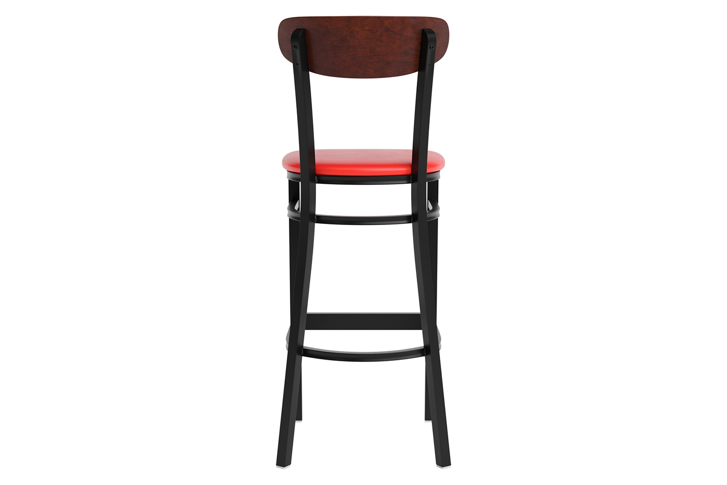 BLNK Wright Commercial Bar Stool Black Steel Frame with Walnut Finish Wooden Boomerang Back and Vinyl Seat - Red