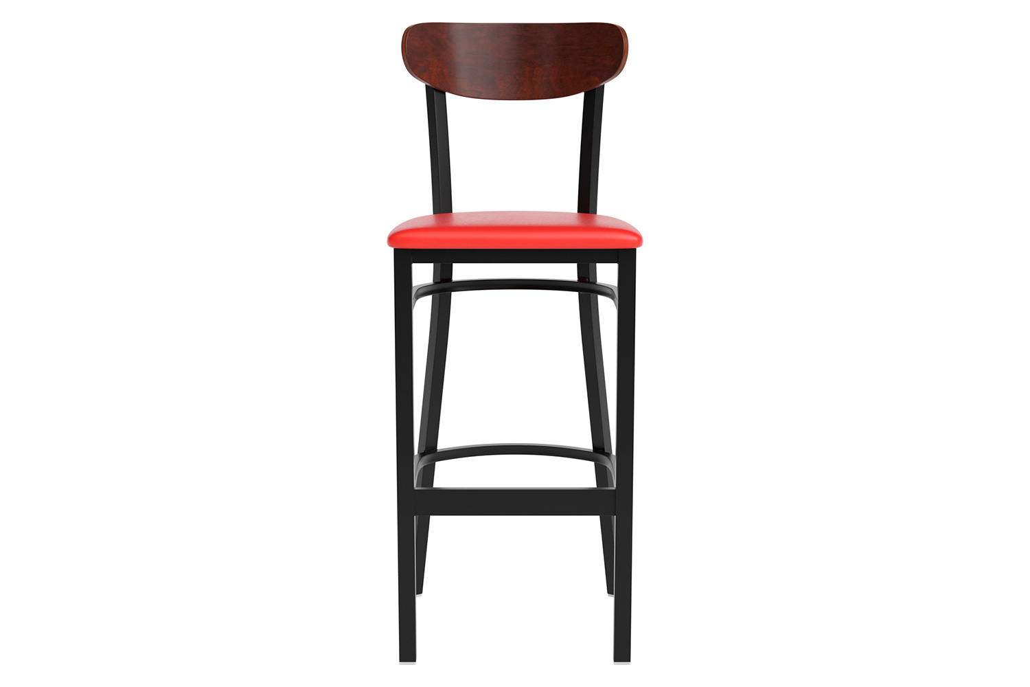 BLNK Wright Commercial Bar Stool Black Steel Frame with Walnut Finish Wooden Boomerang Back and Vinyl Seat - Red